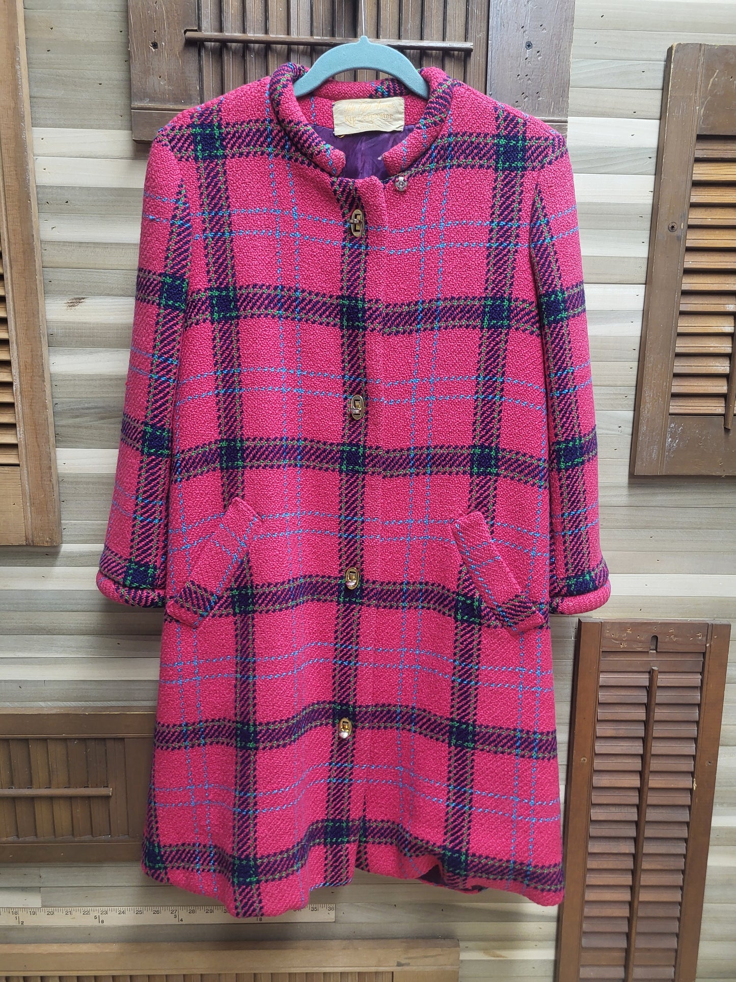 1970's Plaid Pink & Purple Lined "Saks Fifth Avenue" Kip Carpenter Exclusive 4 Latching Button Front