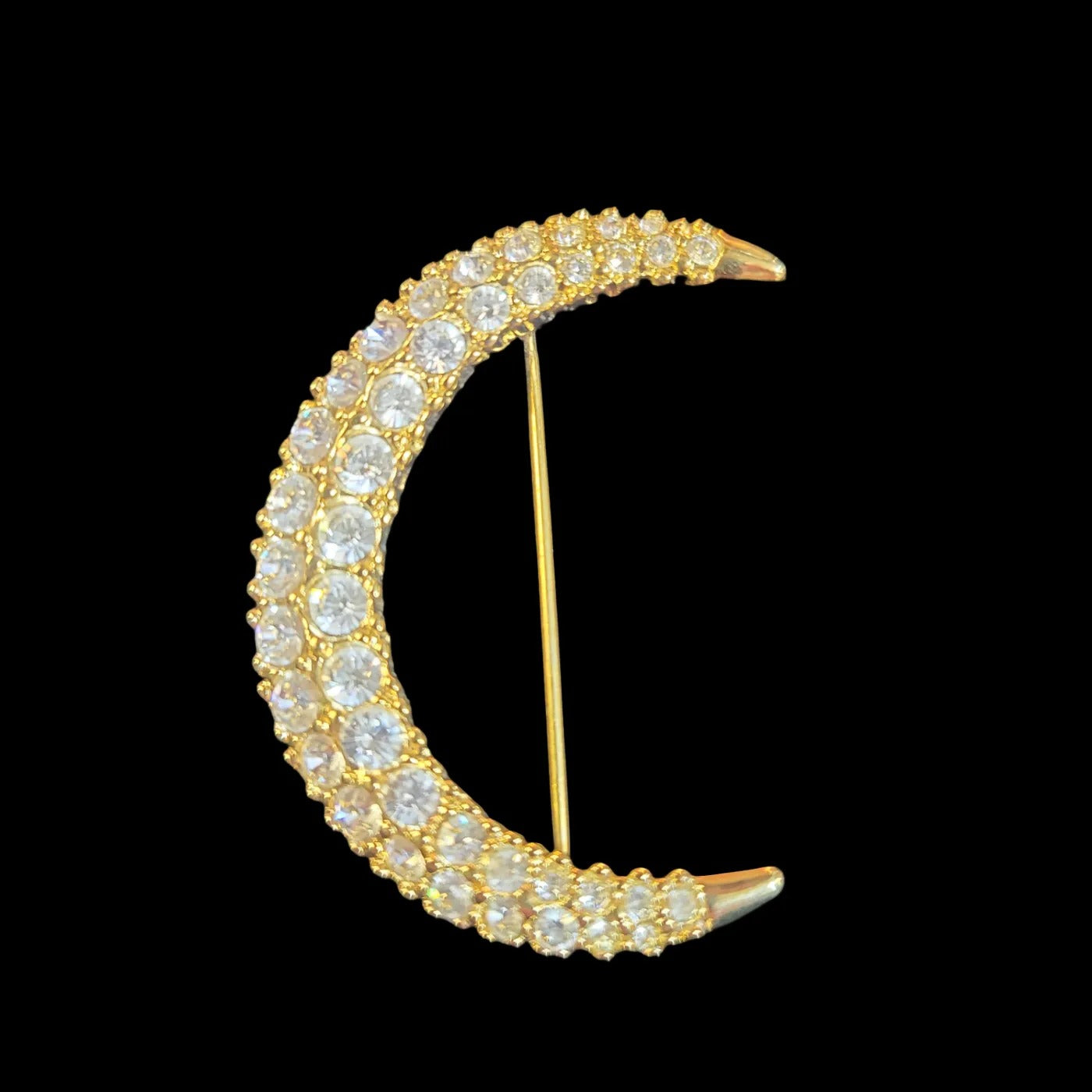 1990's "Swarovski" Signed Gold Tone Crystal Rhinestone Crescent Moon Brooch Pin
