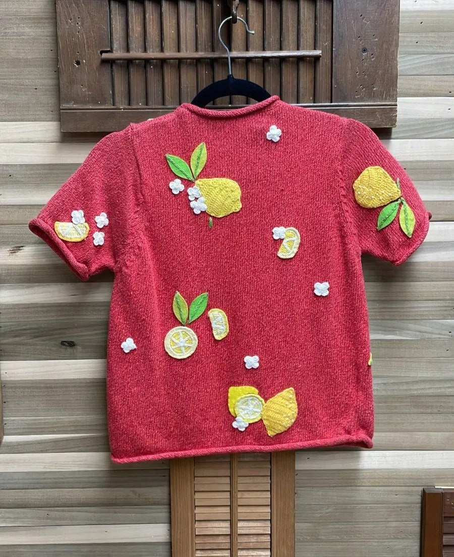 Y2K "Susan Bristol" Cotton Knit Lemon Fruit Shirt Sleeve 6 Button Top