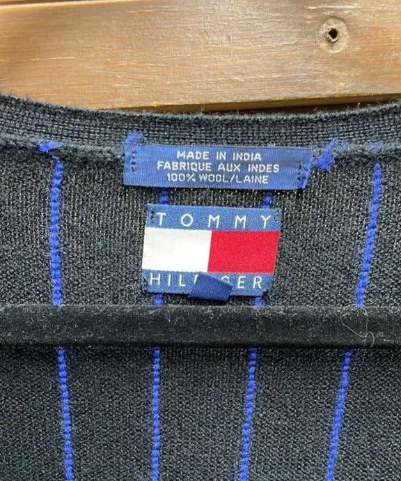 Y2K "Tommy Hilfiger" Wool Cardigan Black with Blue Vertical Stripes