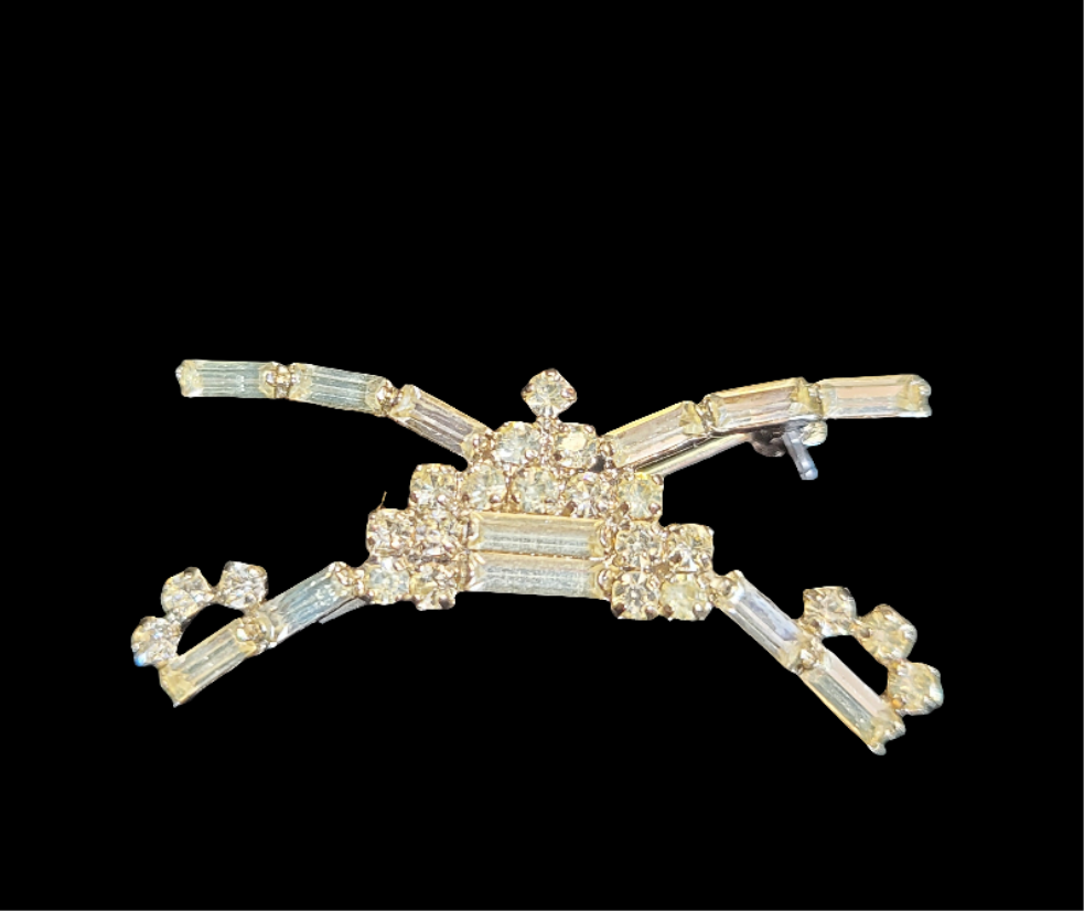 Mid-Century Rhinestone Sabers Crossing Over a Pyramid/Temple Brooch Pin