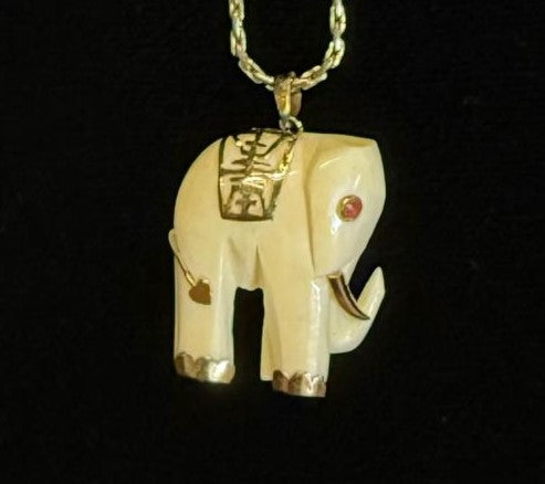 Vintage Carved Bone Elephant Pendant and Chain with 14K Gold Harness and Ruby Eye