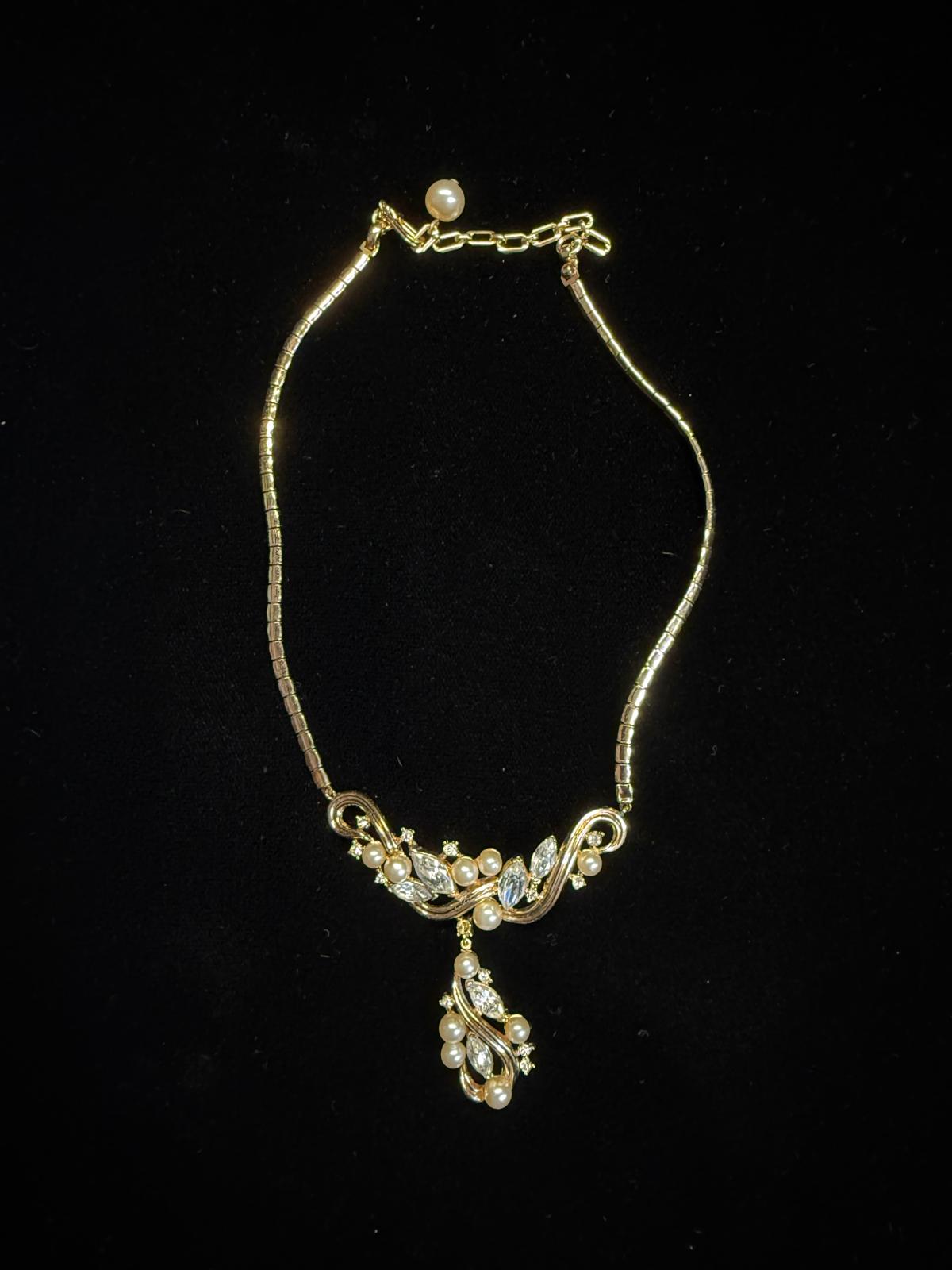 "Trifari" Stamped Necklace Gold Tone Faux and Pearl Rhinestone Pendant