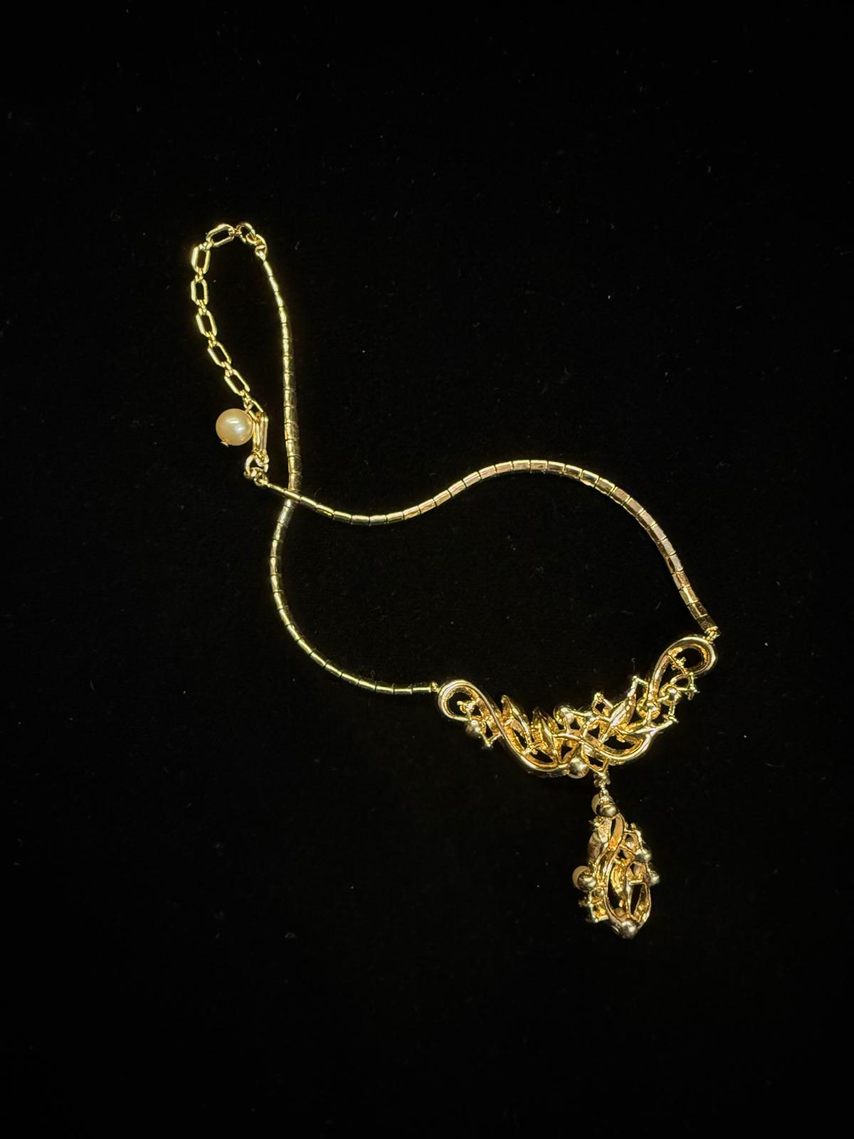 "Trifari" Stamped Necklace Gold Tone Faux and Pearl Rhinestone Pendant