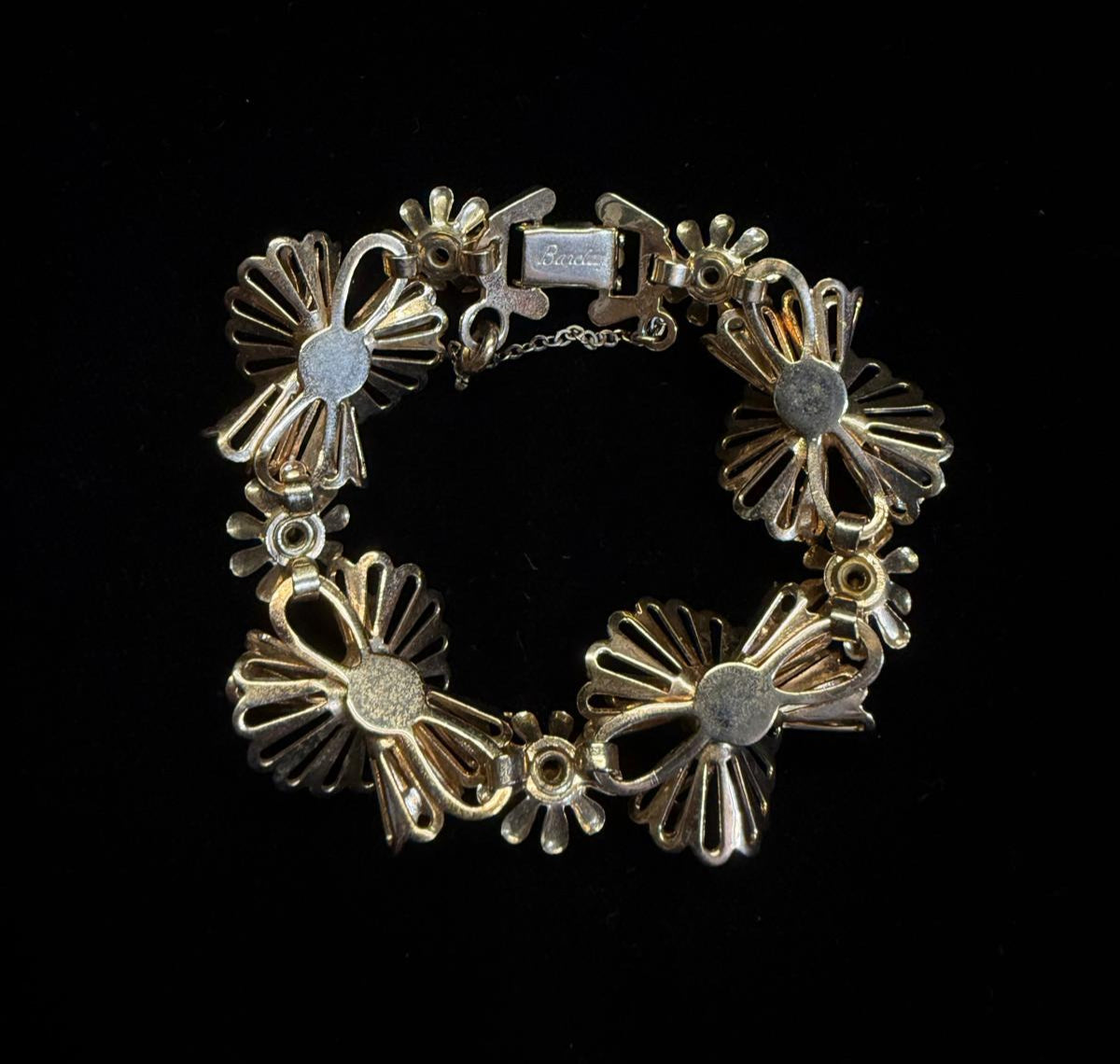 50's "Barclay" Stamped Gold Tone Floral Link Bracelet with Aquamarine Rhinestones