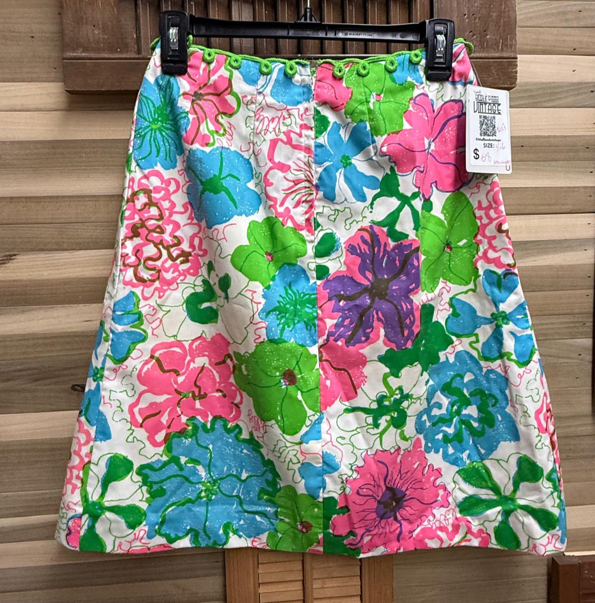70's Repurposed Lilly Pulitzer Fabric Handmade to a Floral Print Skirt with Green Embellishments