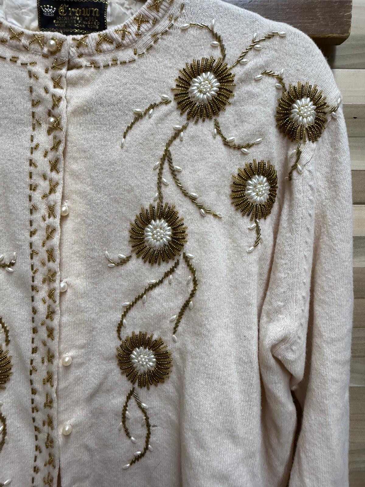 1950's "Crown" 100% Lambs Wool Cashmere Finished - Beaded Cardigan with Satin Lining