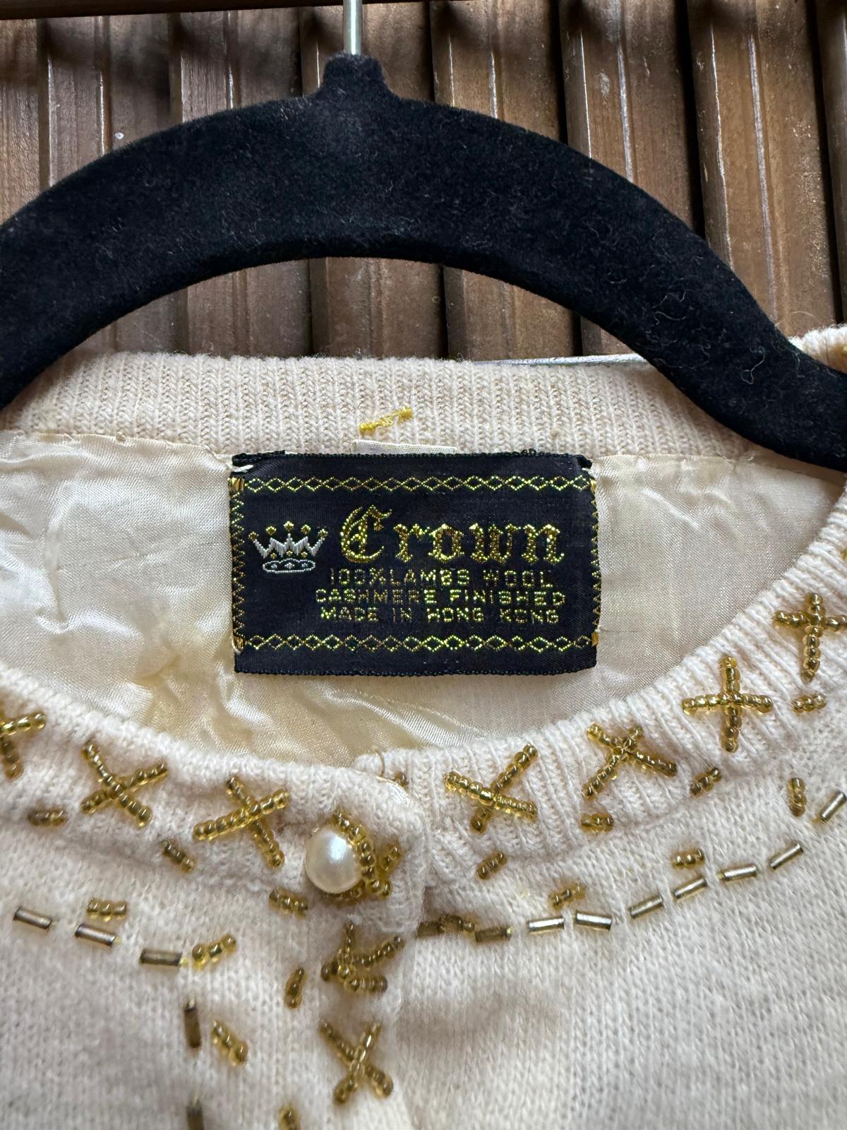 1950's "Crown" 100% Lambs Wool Cashmere Finished - Beaded Cardigan with Satin Lining