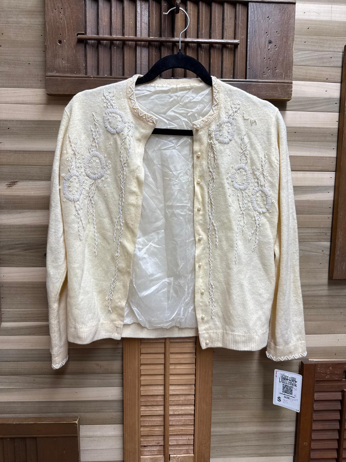 1950's Yellow Beaded Cashmere Cardigan Lined with 9 Pearl Buttons
