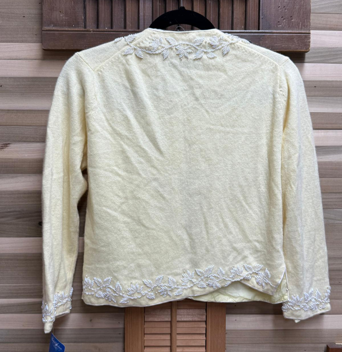 1950's Yellow Beaded Cashmere Cardigan Lined with Clasps for Closures