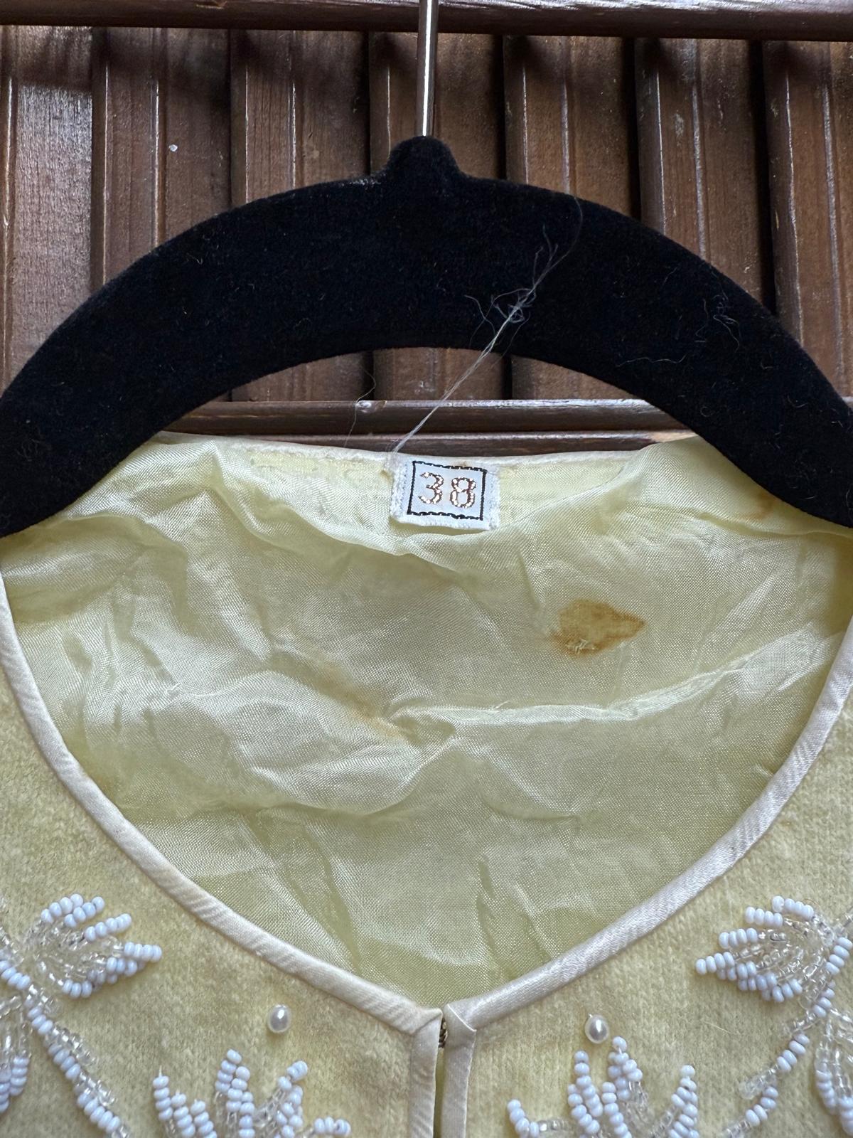 1950's Yellow Beaded Cashmere Cardigan Lined with Clasps for Closures