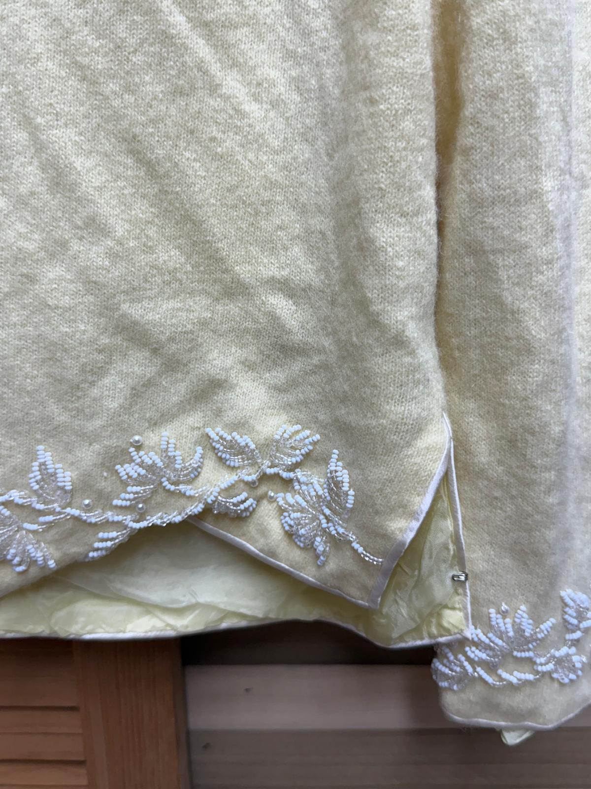 1950's Yellow Beaded Cashmere Cardigan Lined with Clasps for Closures