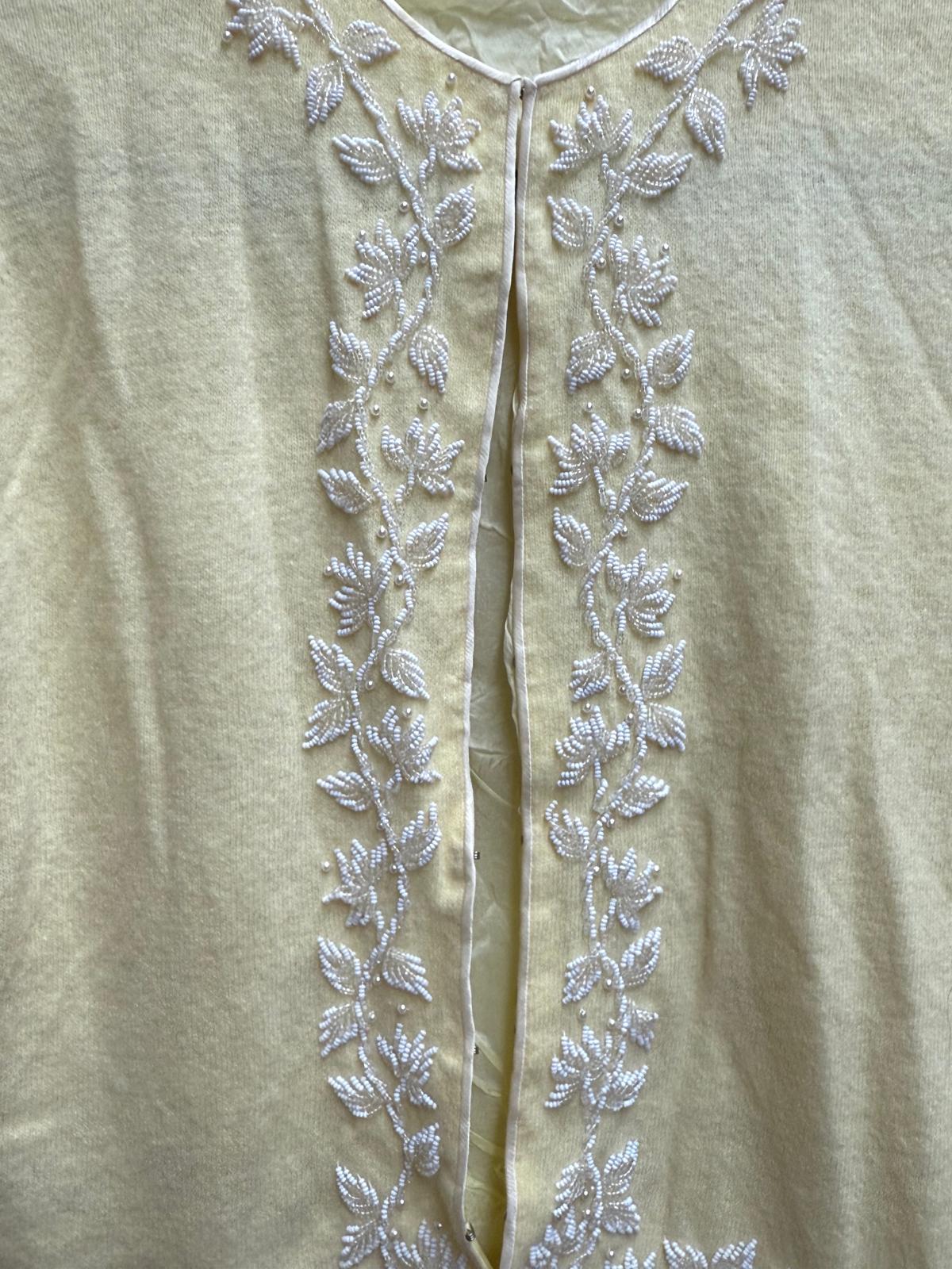 1950's Yellow Beaded Cashmere Cardigan Lined with Clasps for Closures