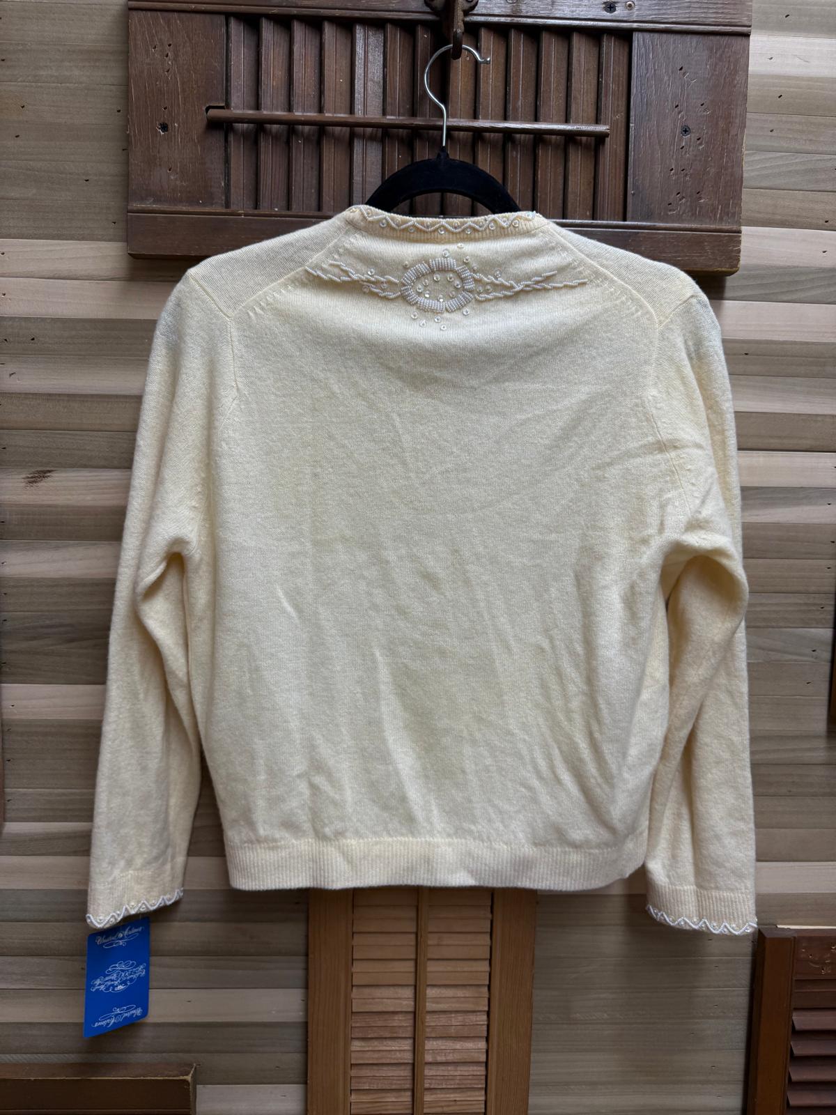 1950's Yellow Beaded Cashmere Cardigan Lined with 9 Pearl Buttons