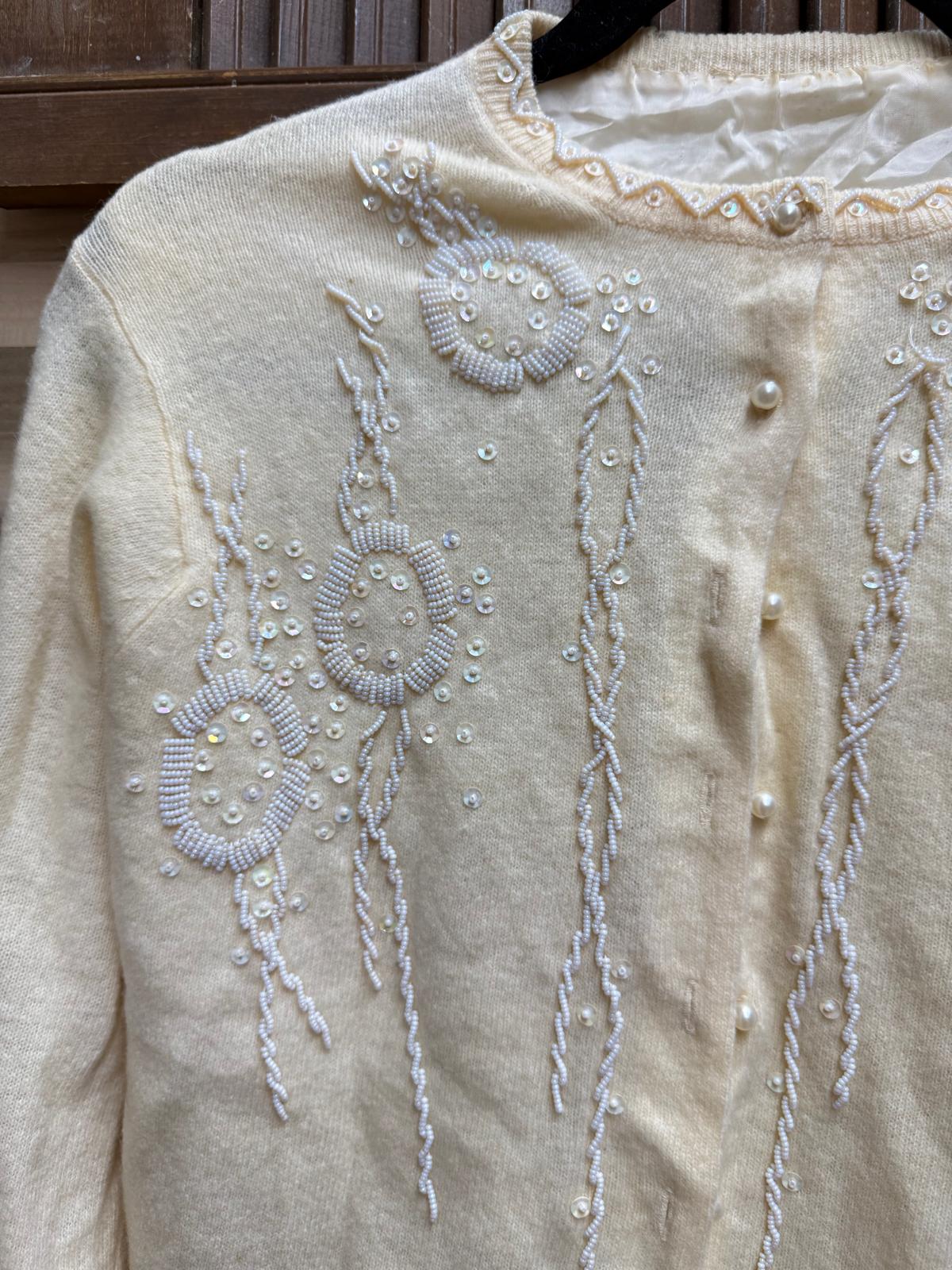 1950's Yellow Beaded Cashmere Cardigan Lined with 9 Pearl Buttons