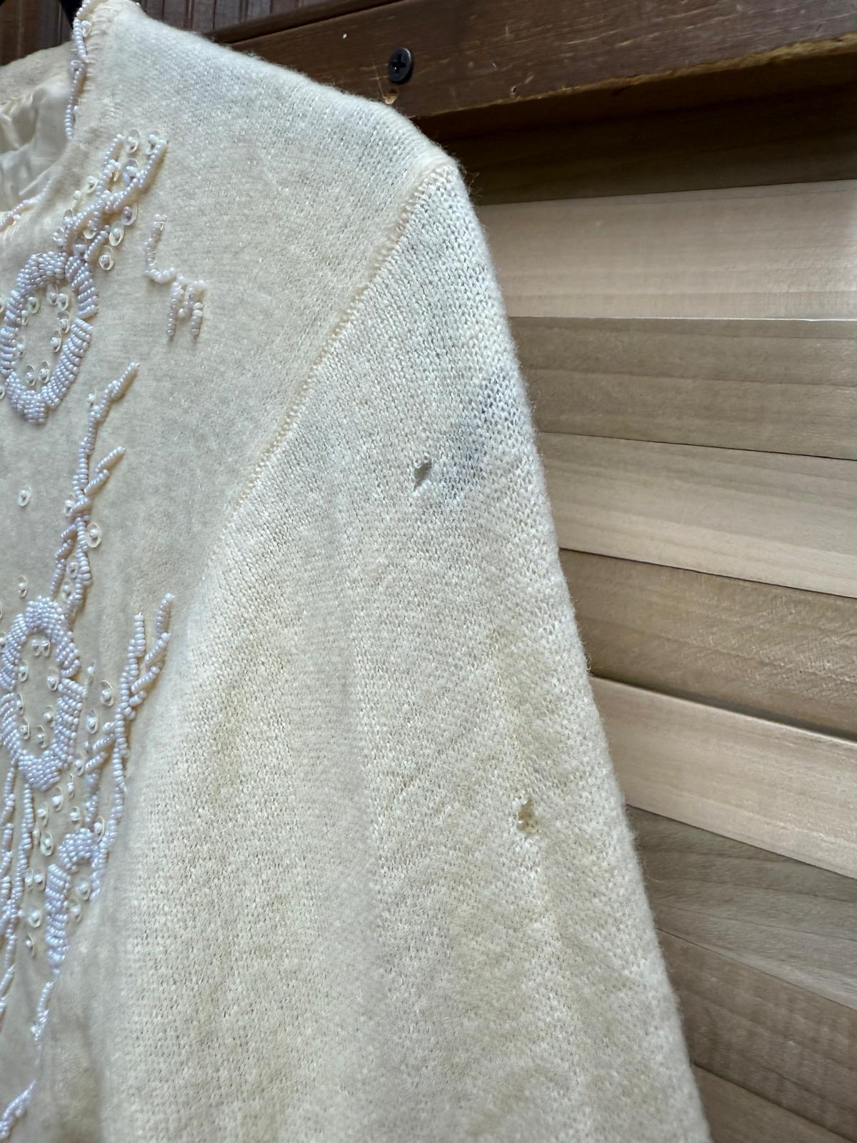 1950's Yellow Beaded Cashmere Cardigan Lined with 9 Pearl Buttons