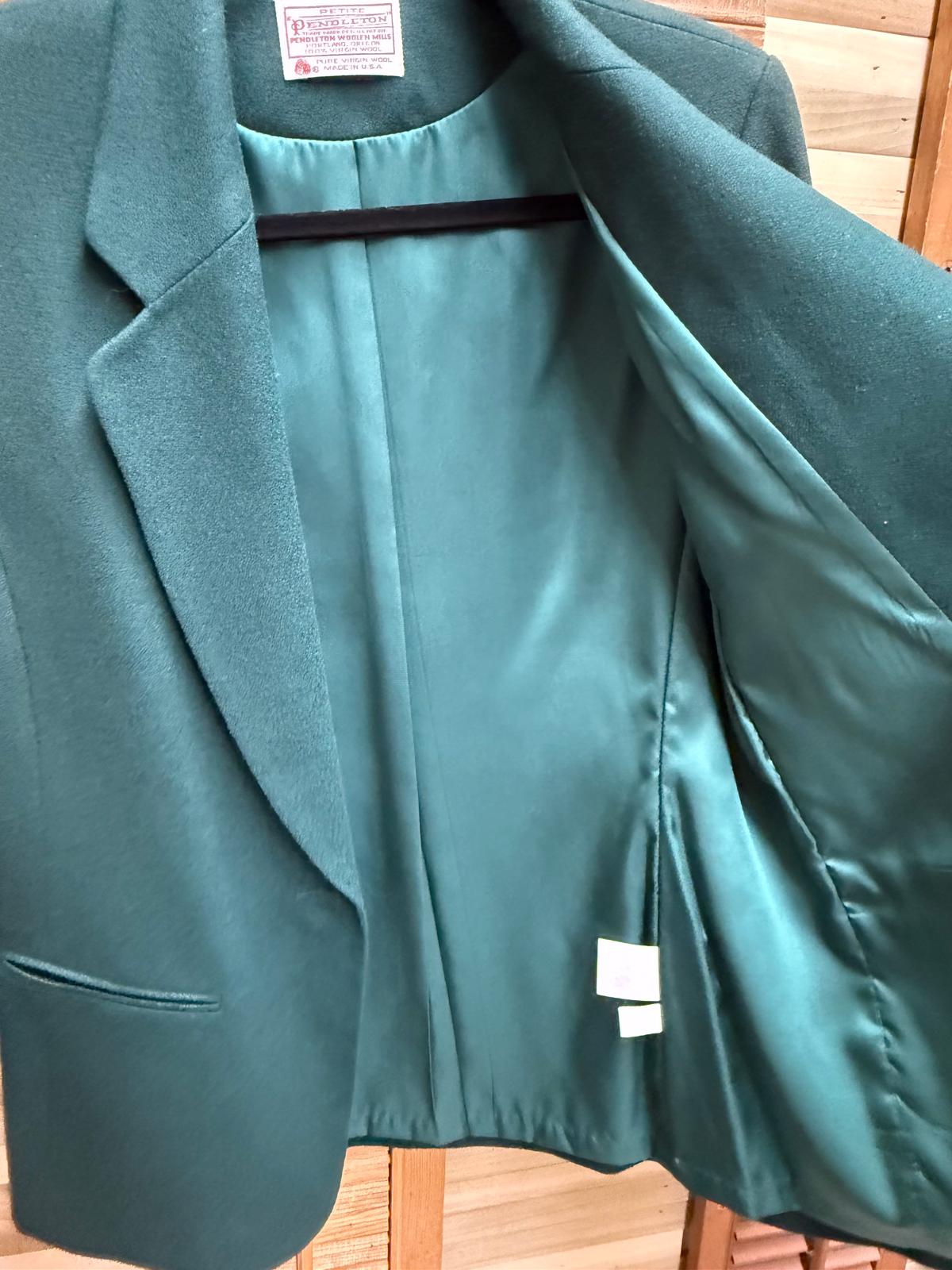 1980's Pendleton Fully Lined Pure Virgin Wool Aquamarine Blazer Skirt Suit Set Size M