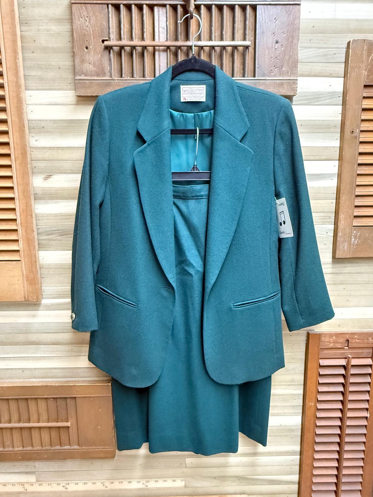 1980's Pendleton Fully Lined Pure Virgin Wool Aquamarine Blazer Skirt Suit Set Size M