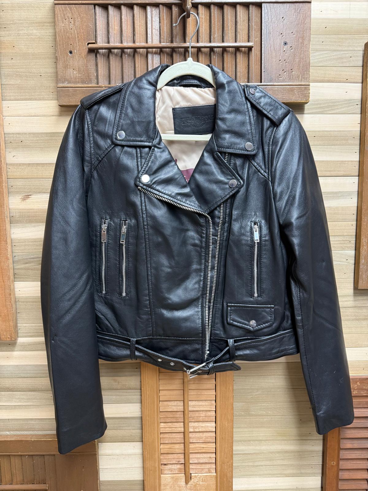Genuine Pakistan Leather Biker Jacket Zips, Buttons, Collar, Belt Cinch