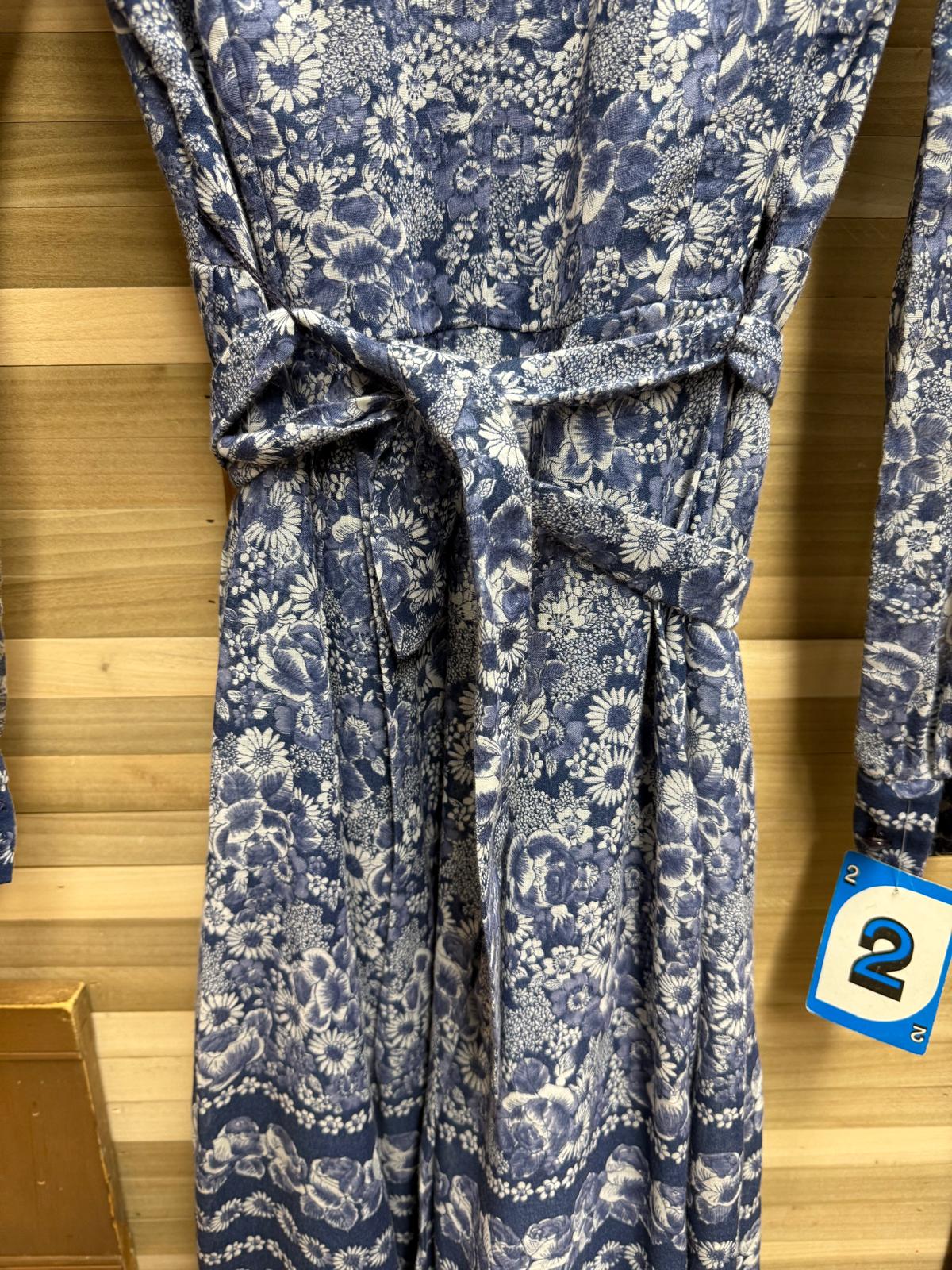 1970's Handmade Blue and White Floral Midi Dress with Wrap Size 12