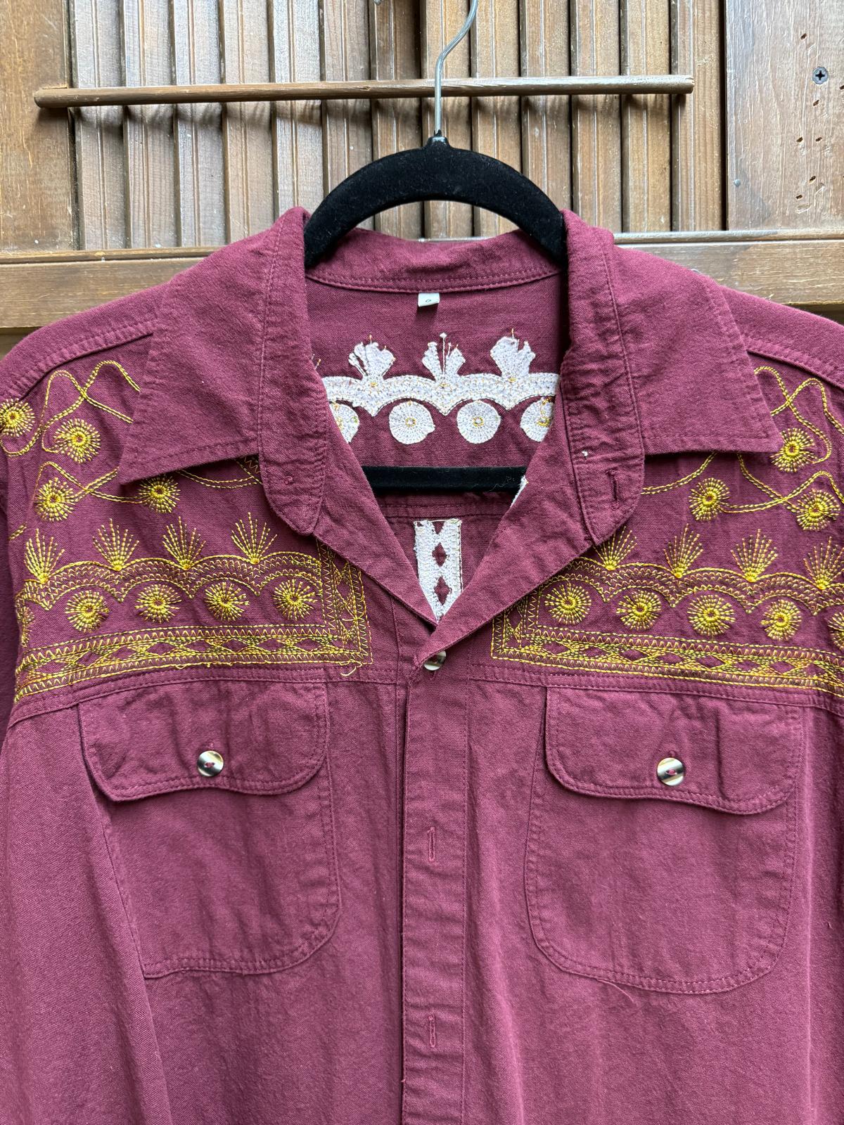 Burgundy Button Down Short Sleeve Shirt Embroidered with Gold Stitching and Two Front Buttoned Pockets