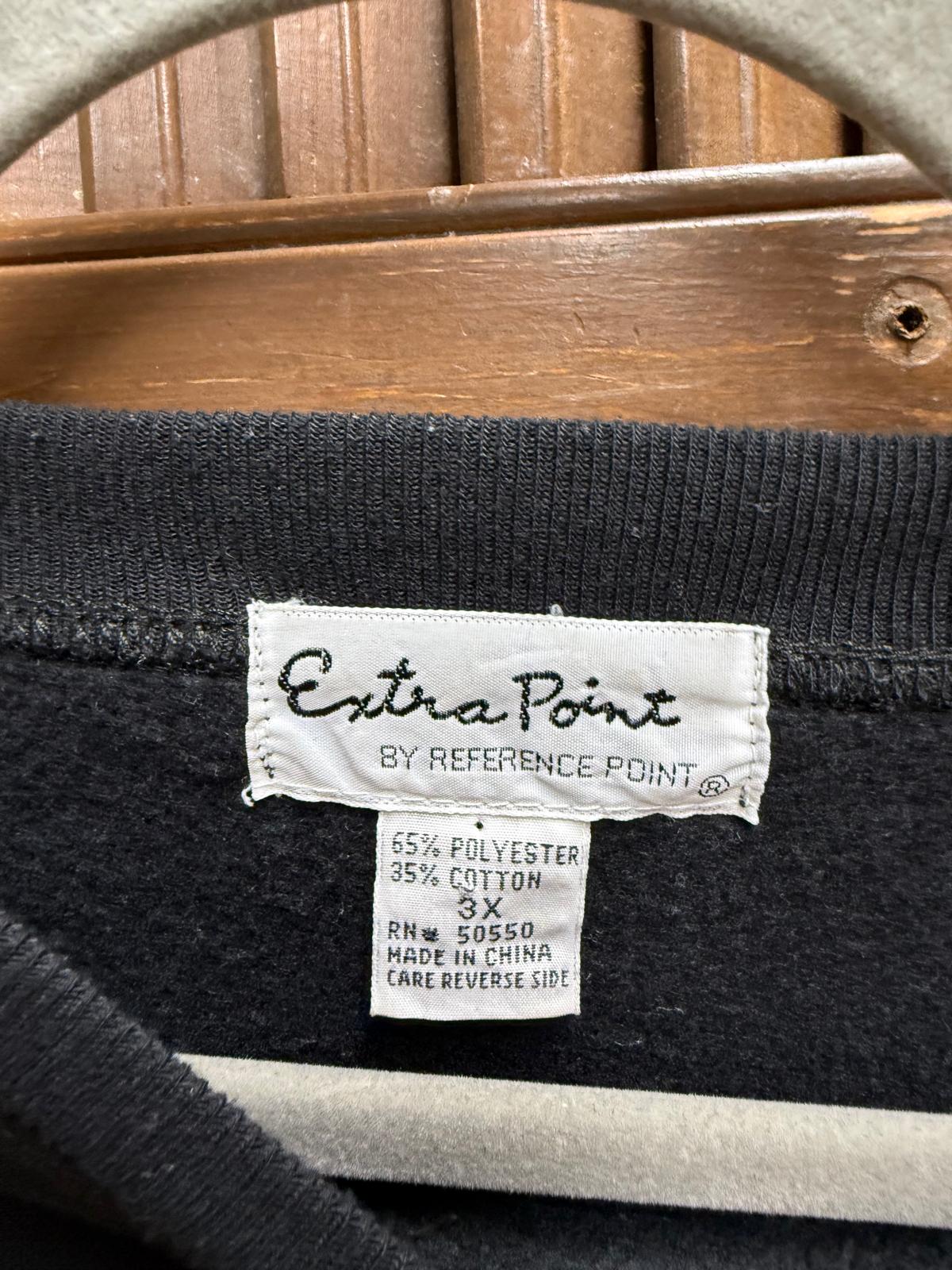 1990's "Extra Point by Reference Point" Black Fall / Thanksgiving Sweatshirt with Lines of Acorns Dividing Pumpkins, Red Barn, Apple Basket, Fall Leaves Size 3XL
