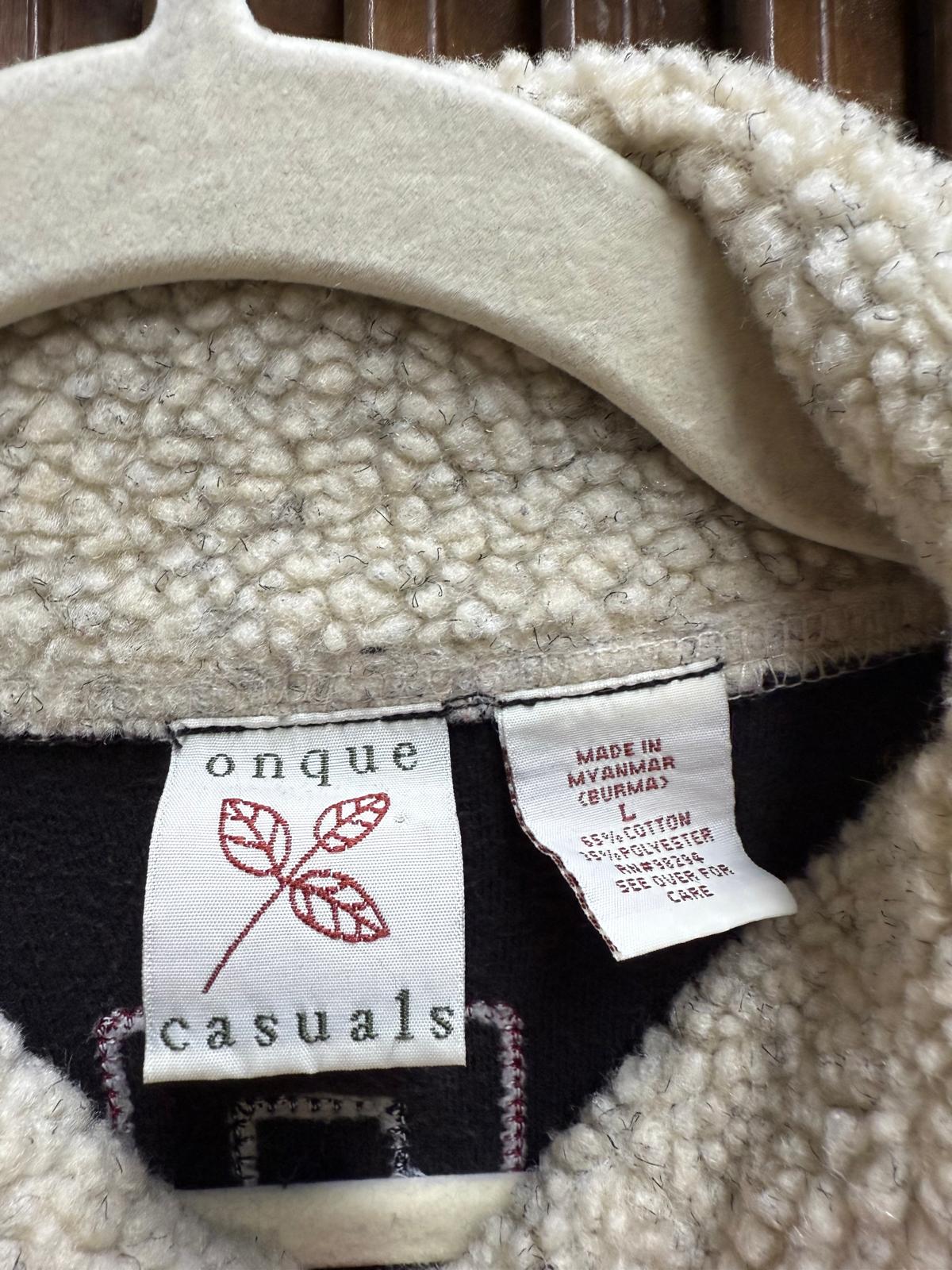 1990's "Onque Casuals" Color block Patches Buttons Full Zip Fleece Cardigan Size L