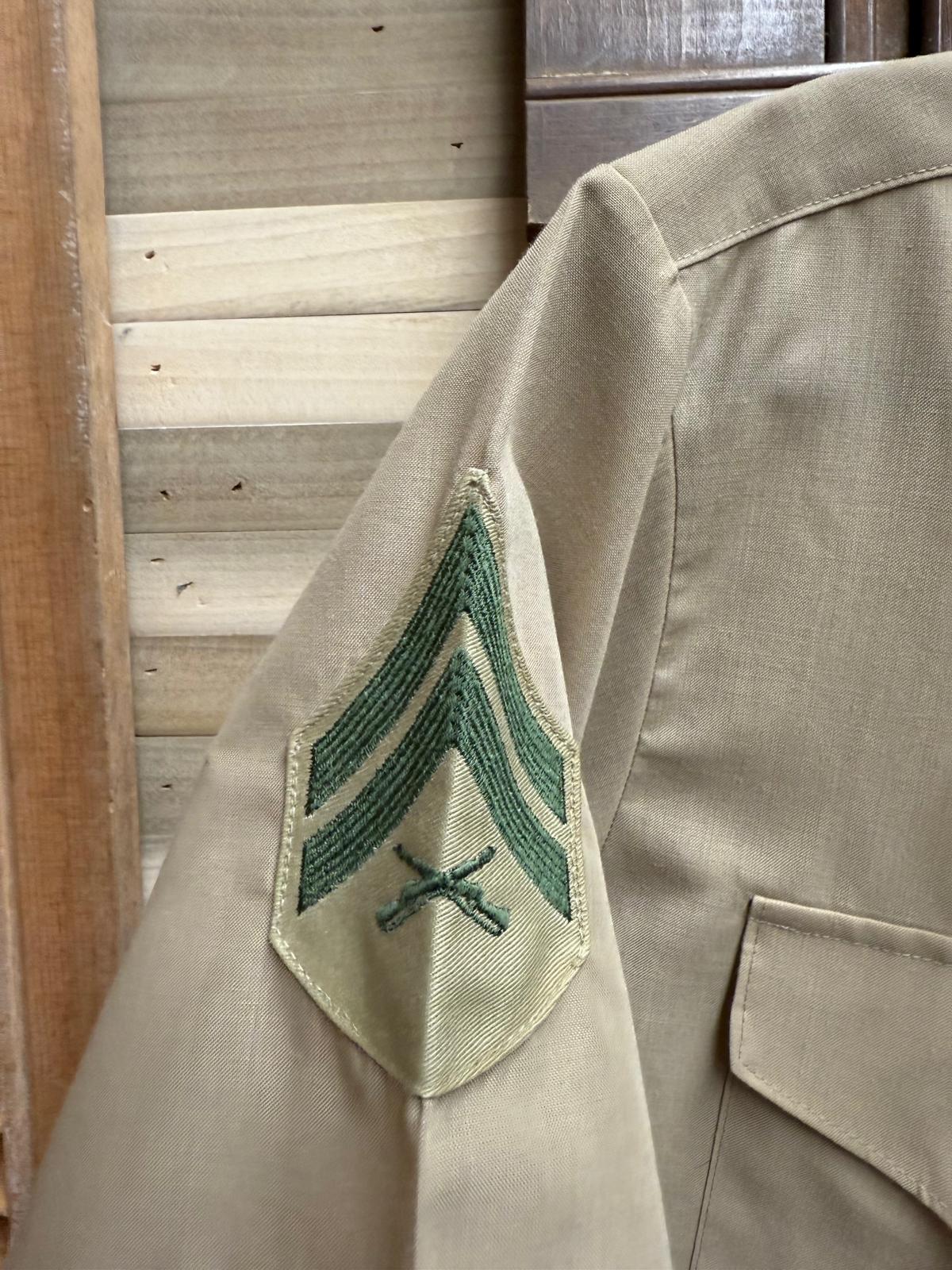 1970's US Marine Corp Khaki Short Sleeve Dress Shirts with Staff Sergeant Patches Size Large Neck 16.5