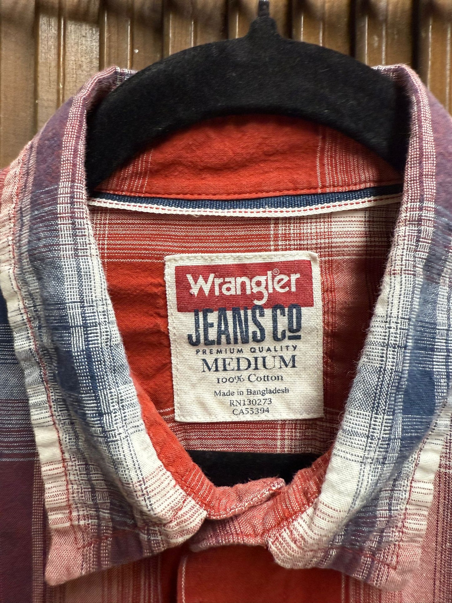 1990's "Wrangler Jeans Co" Western Shadow Plaid in Red White & Blue Size Medium Single Stitch