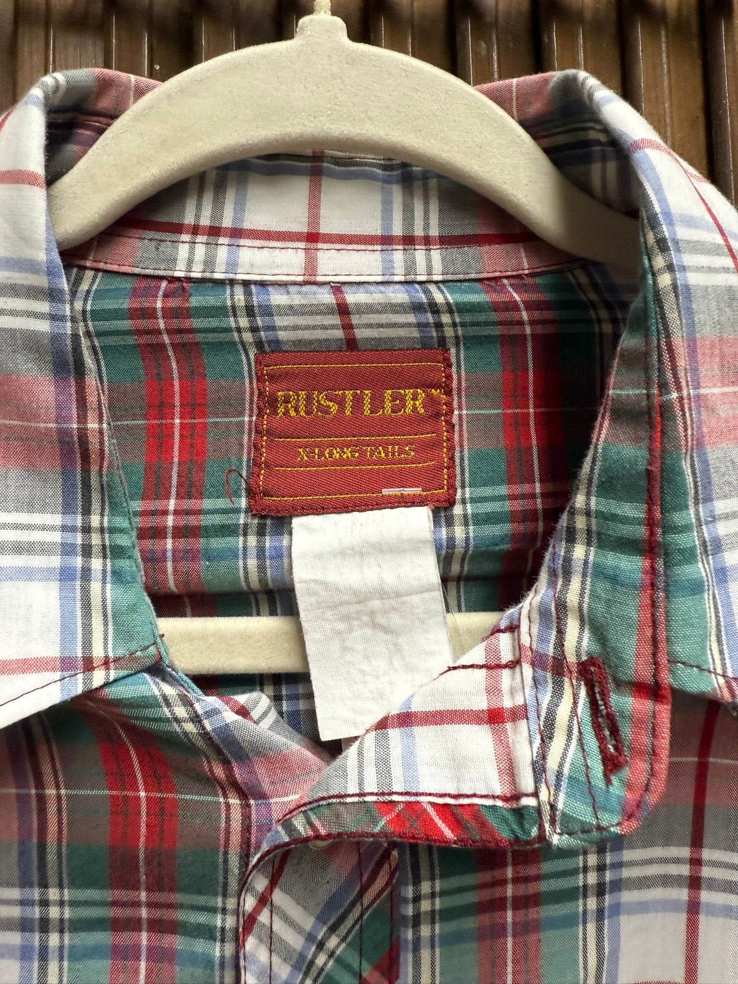 Red and Green Western Pearl Snapback Flannel "Rustler By Wrangler" Size XL