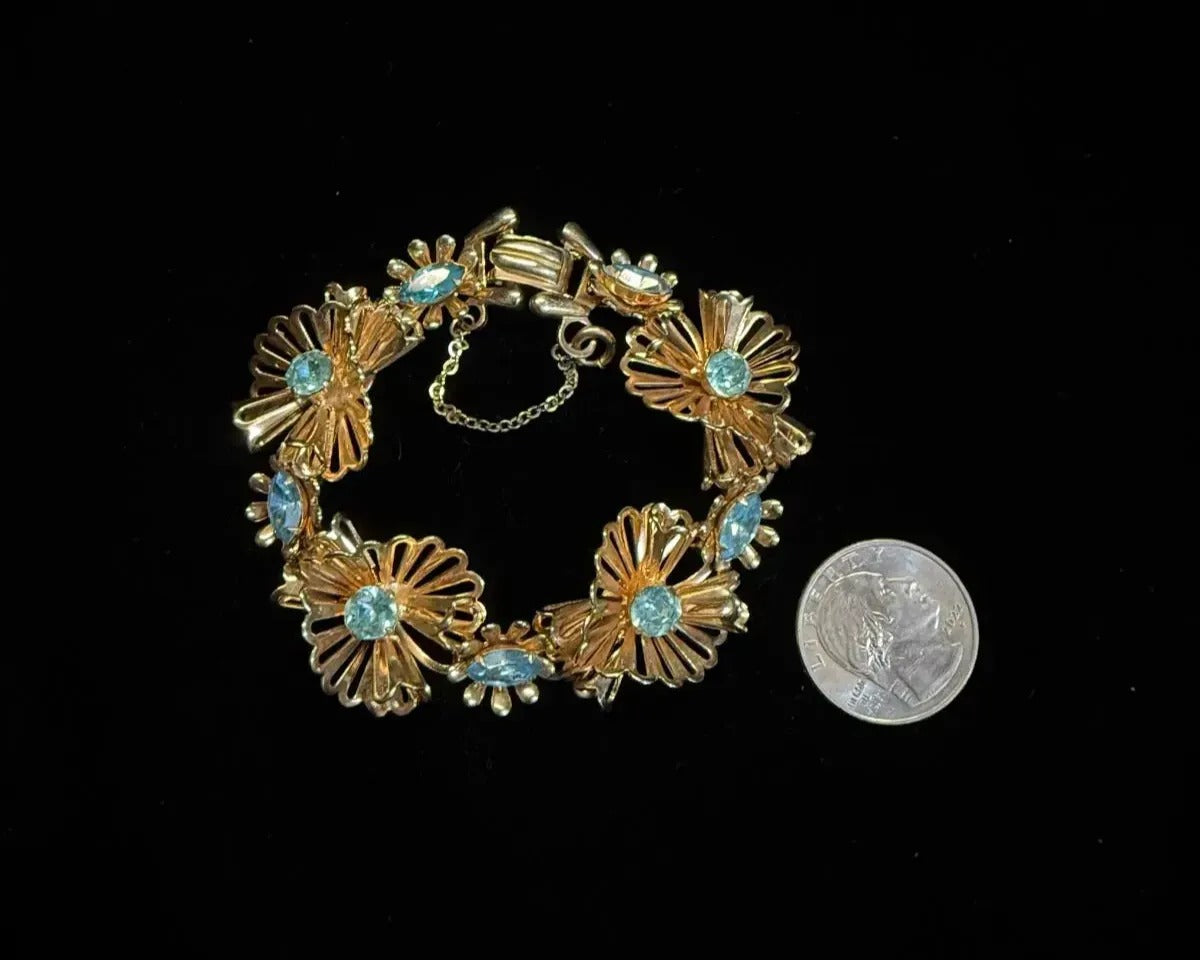 50's "Barclay" Stamped Gold Tone Floral Link Bracelet with Aquamarine Rhinestones
