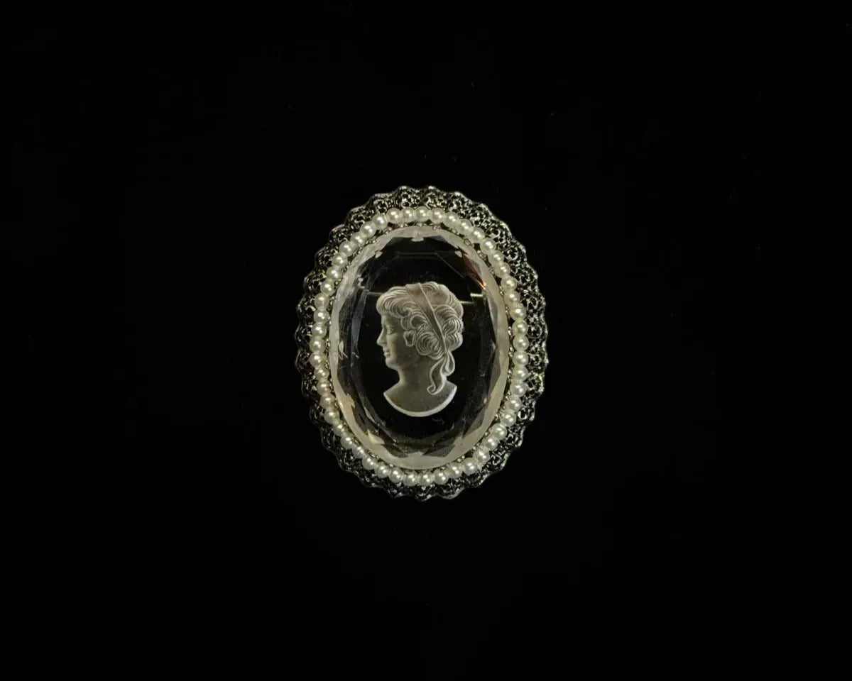 Vintage Clear Glass Reverse Carved Cameo Pin or Pendant