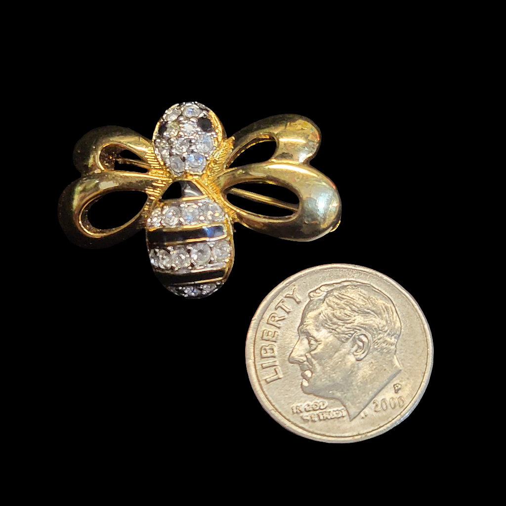 1990's Swarovski Swan Stamped Crystal Gold Plated Enamel Honey Bumble Bee Brooch Pin