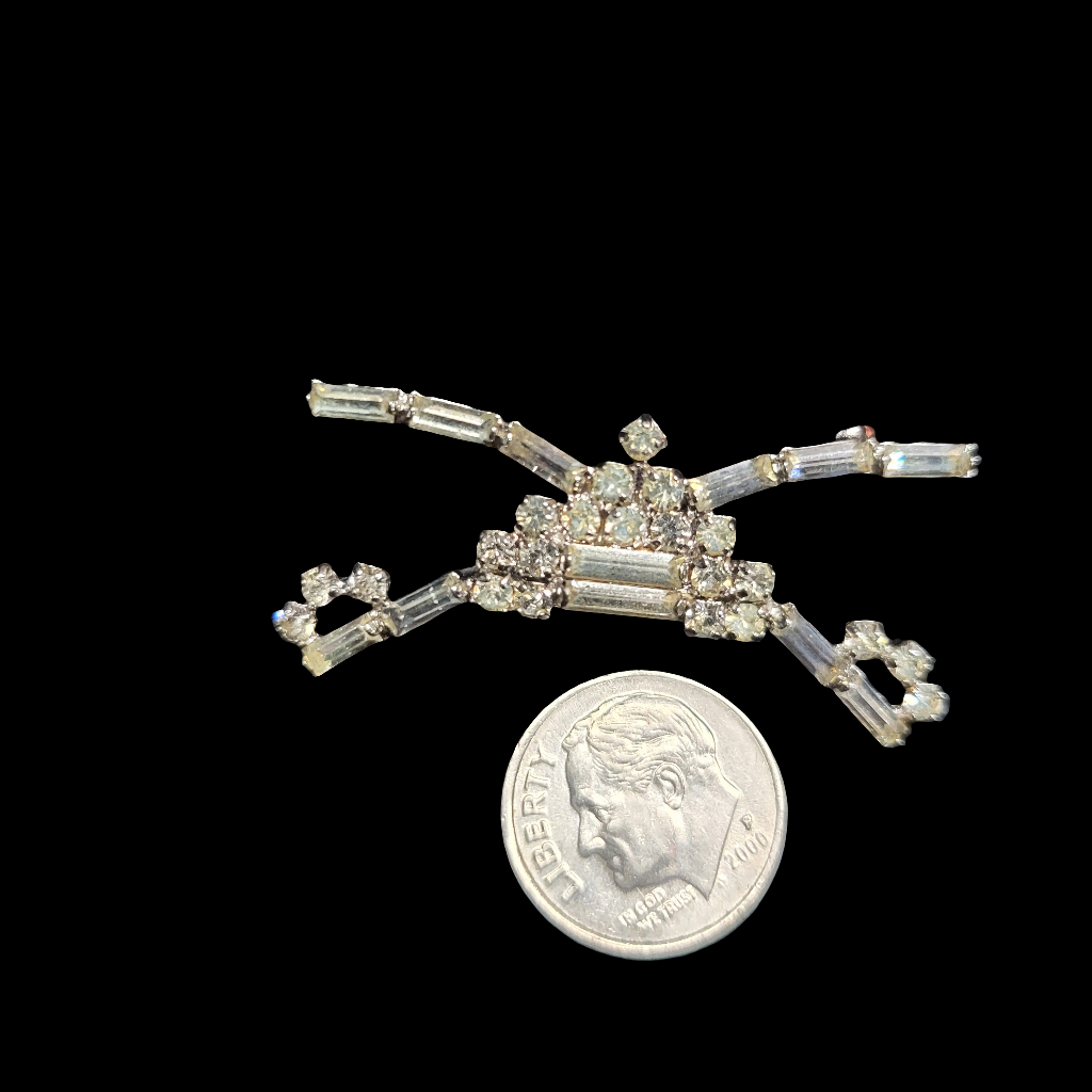 Mid-Century Rhinestone Sabers Crossing Over a Pyramid/Temple Brooch Pin