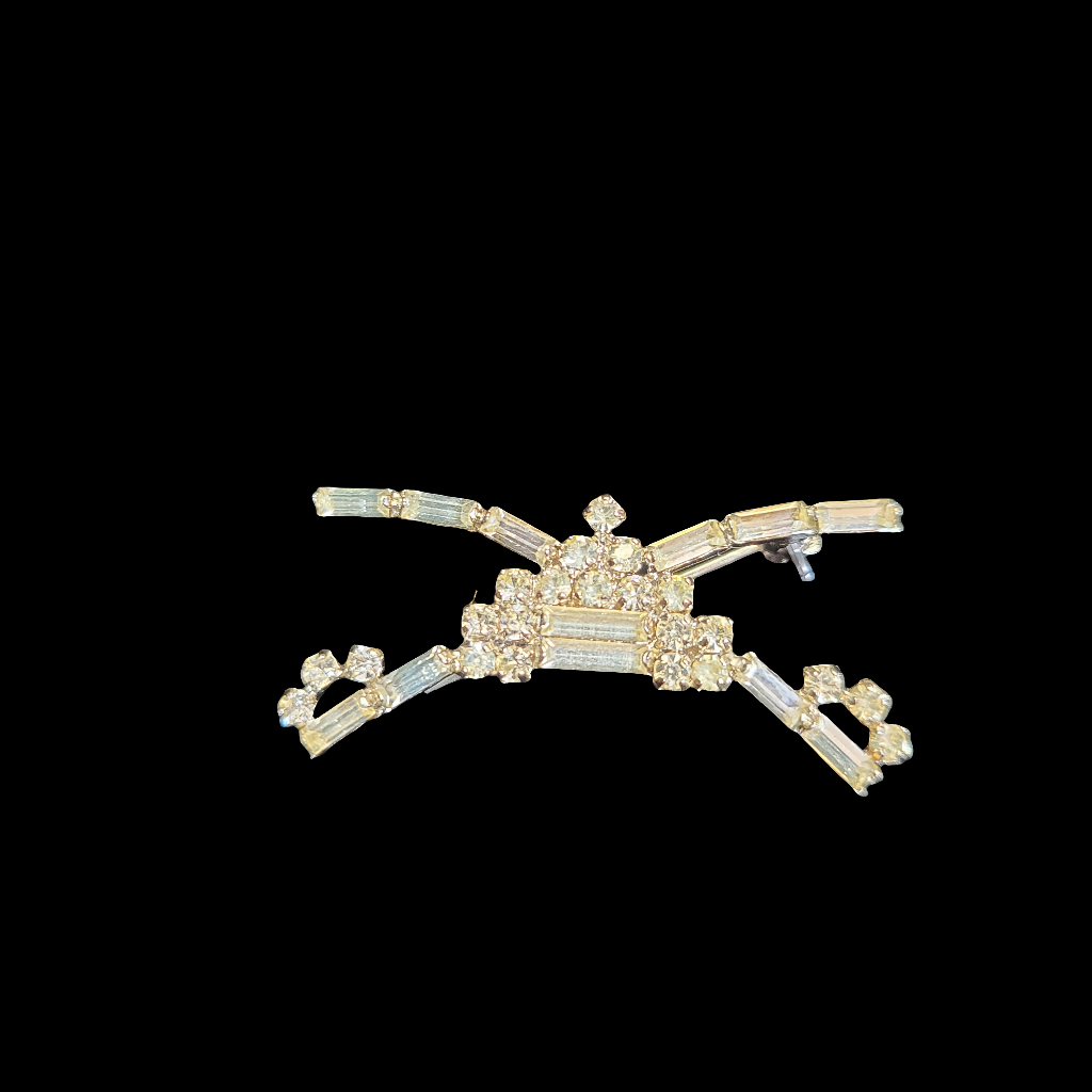 Mid-Century Rhinestone Sabers Crossing Over a Pyramid/Temple Brooch Pin