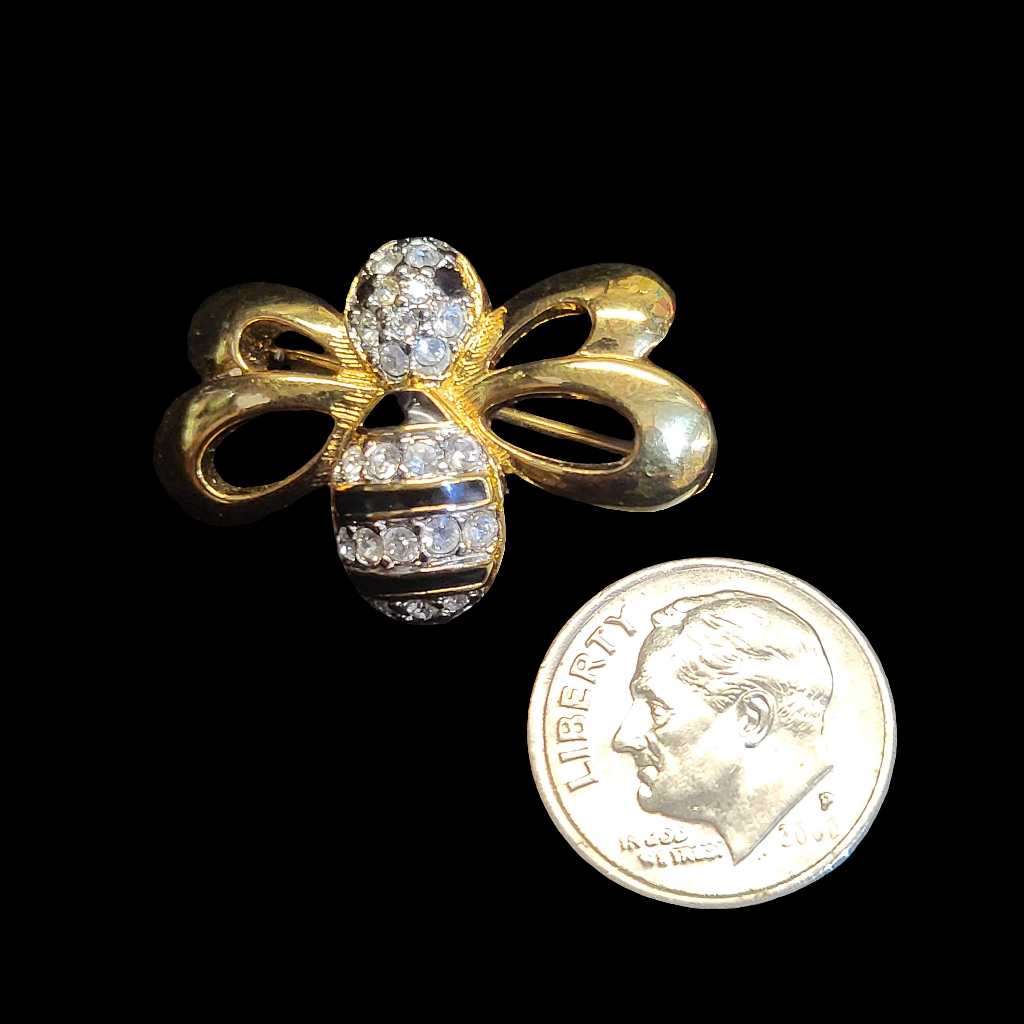 1990's Swarovski Swan Stamped Crystal Gold Plated Enamel Honey Bumble Bee Brooch Pin