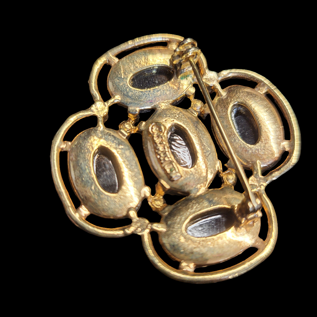 Sarah Coventry Light of the East Colorful Molded Glass Cab Gold Brooch