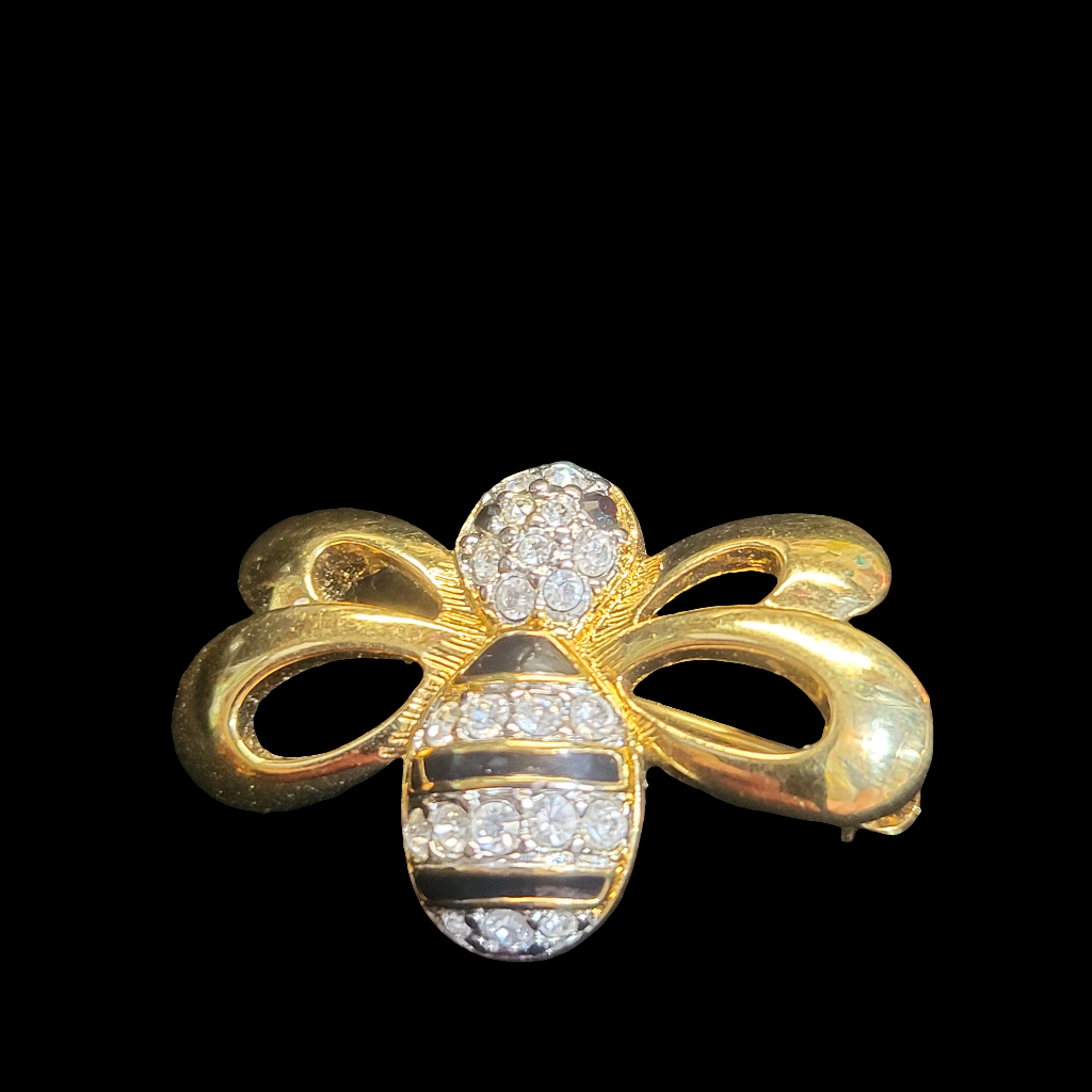1990's Swarovski Swan Stamped Crystal Gold Plated Enamel Honey Bumble Bee Brooch Pin