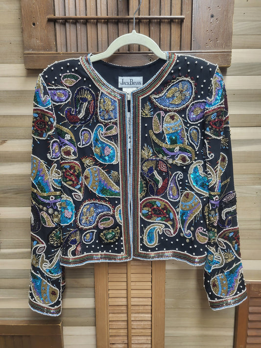1970s "Jack Bryan" Cropped Haute Couture Beaded Sequin Blazer Jacket Size Small