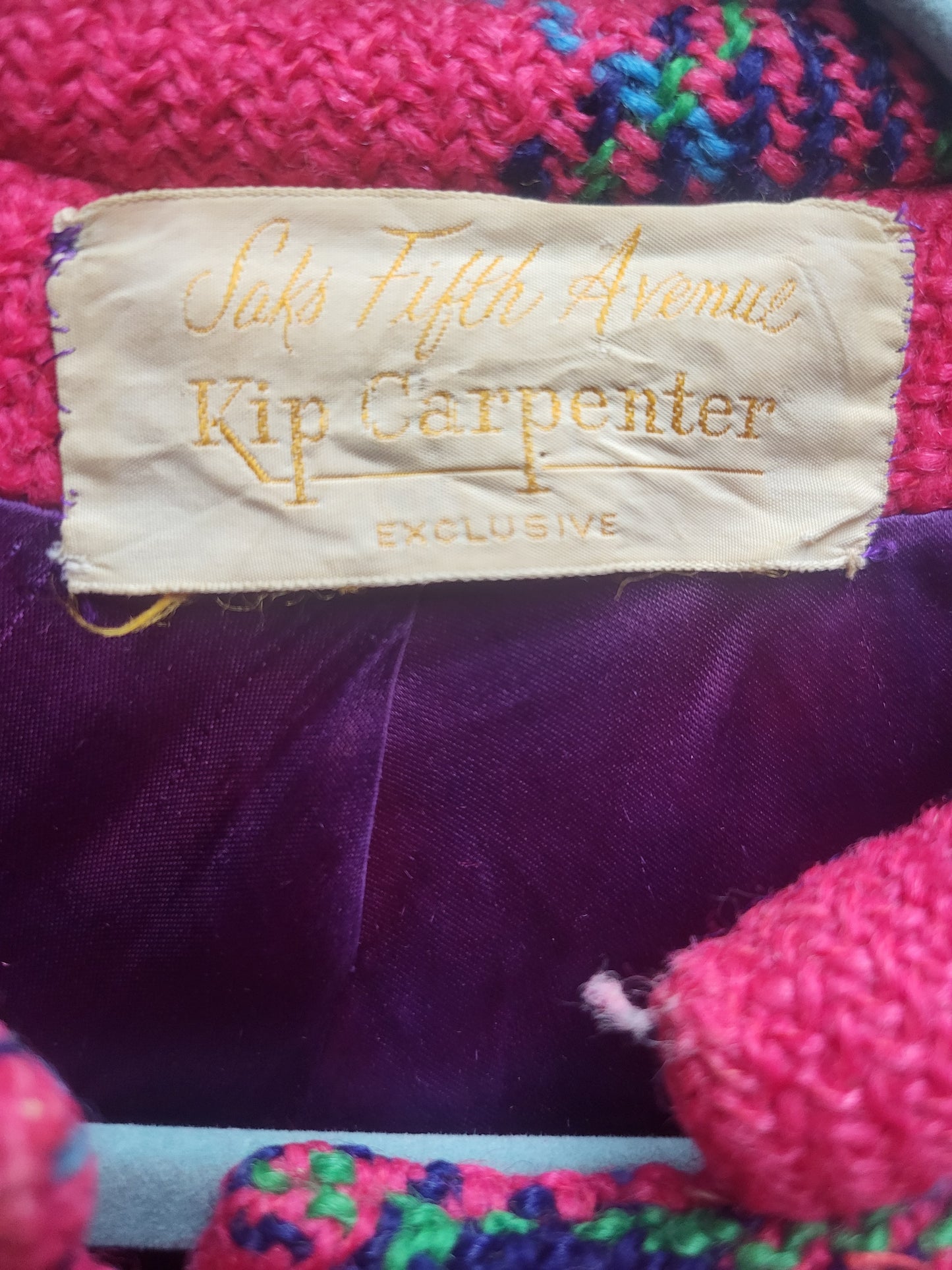 1970's Plaid Pink & Purple Lined "Saks Fifth Avenue" Kip Carpenter Exclusive 4 Latching Button Front