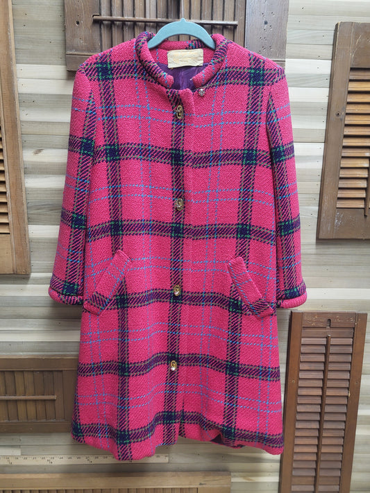 1970's Plaid Pink & Purple Lined "Saks Fifth Avenue" Kip Carpenter Exclusive 4 Latching Button Front