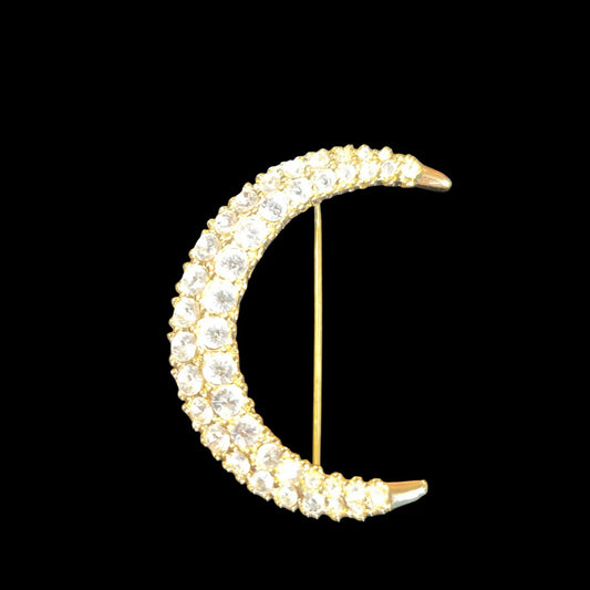 1990's "Swarovski" Signed Gold Tone Crystal Rhinestone Crescent Moon Brooch Pin