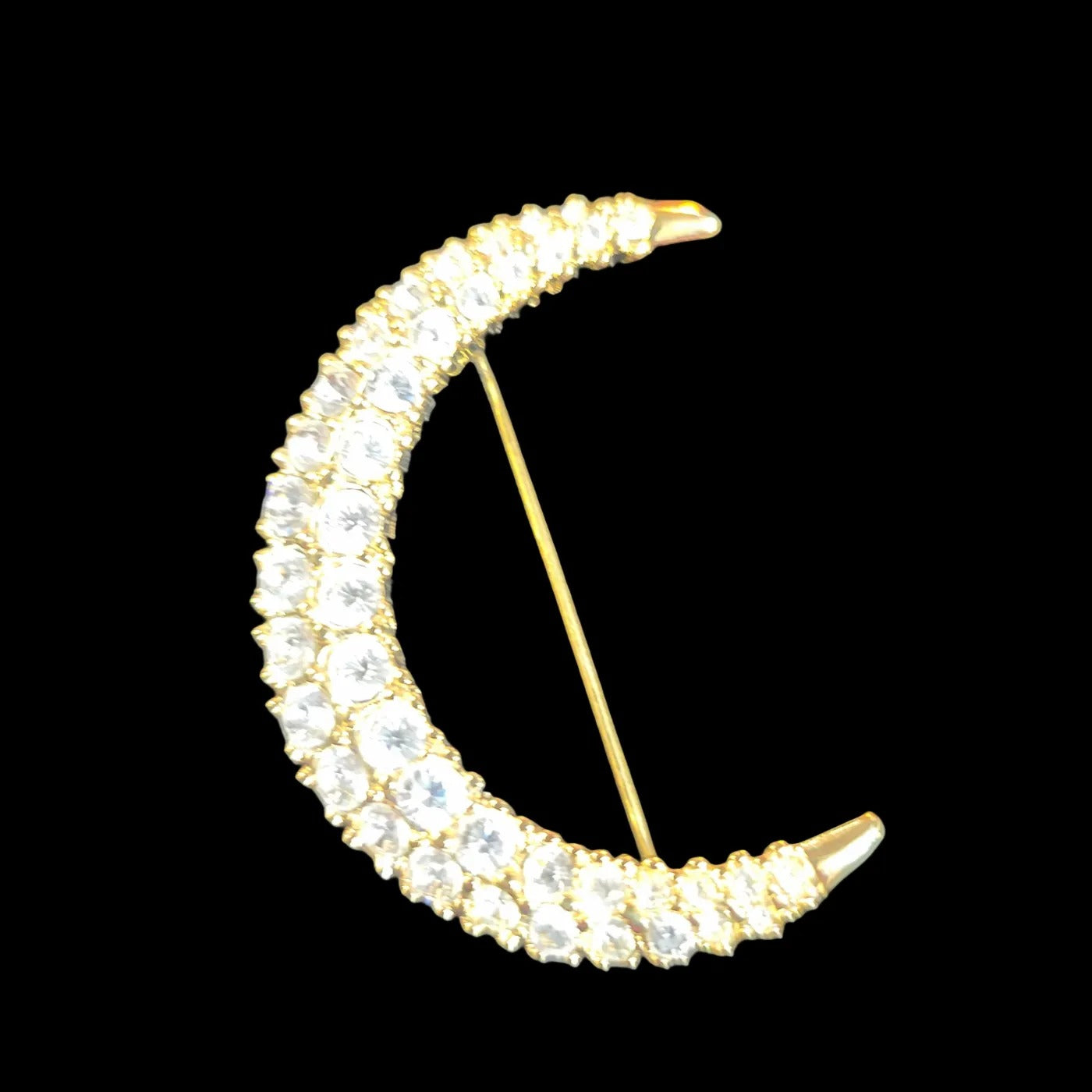 1990's "Swarovski" Signed Gold Tone Crystal Rhinestone Crescent Moon Brooch Pin