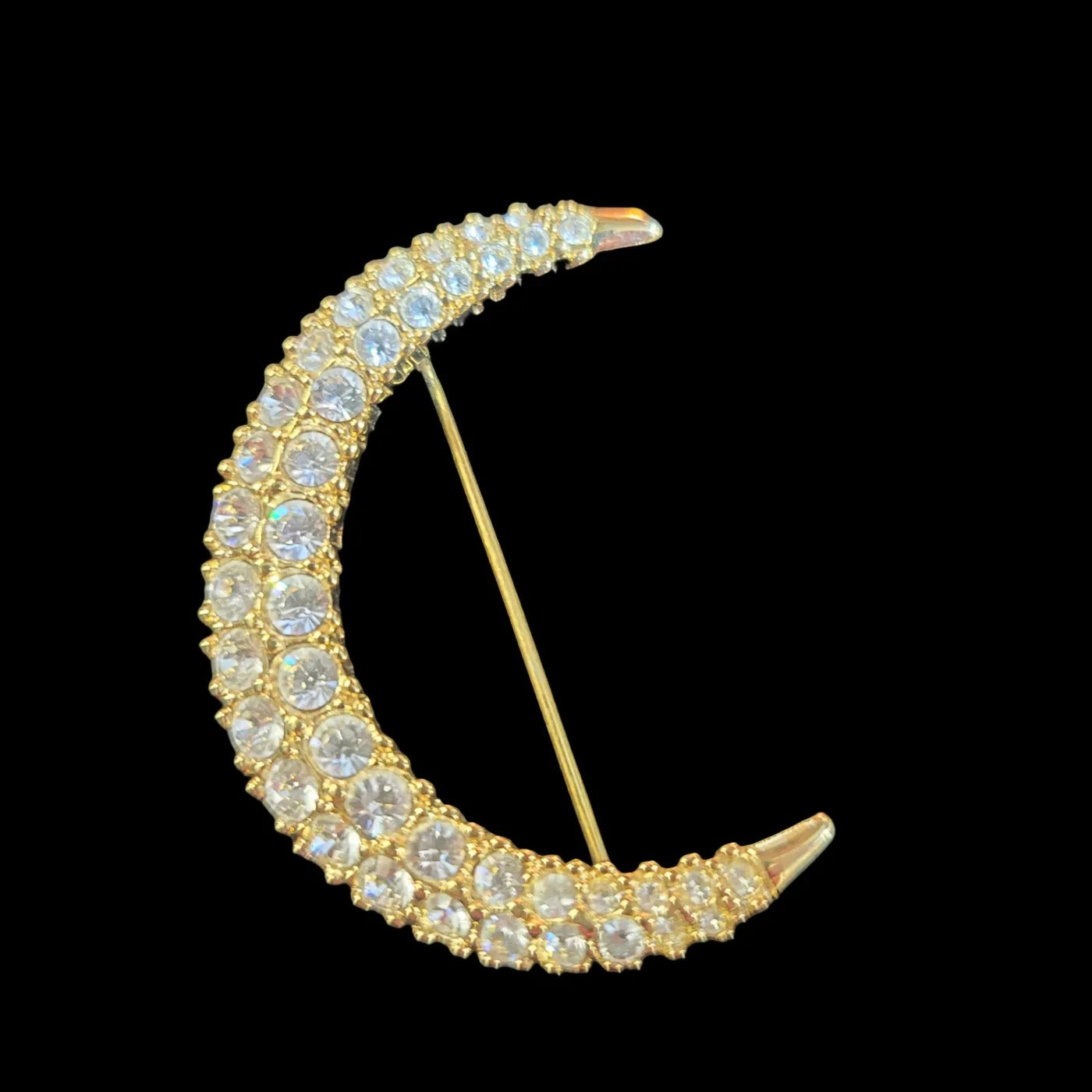 1990's "Swarovski" Signed Gold Tone Crystal Rhinestone Crescent Moon Brooch Pin
