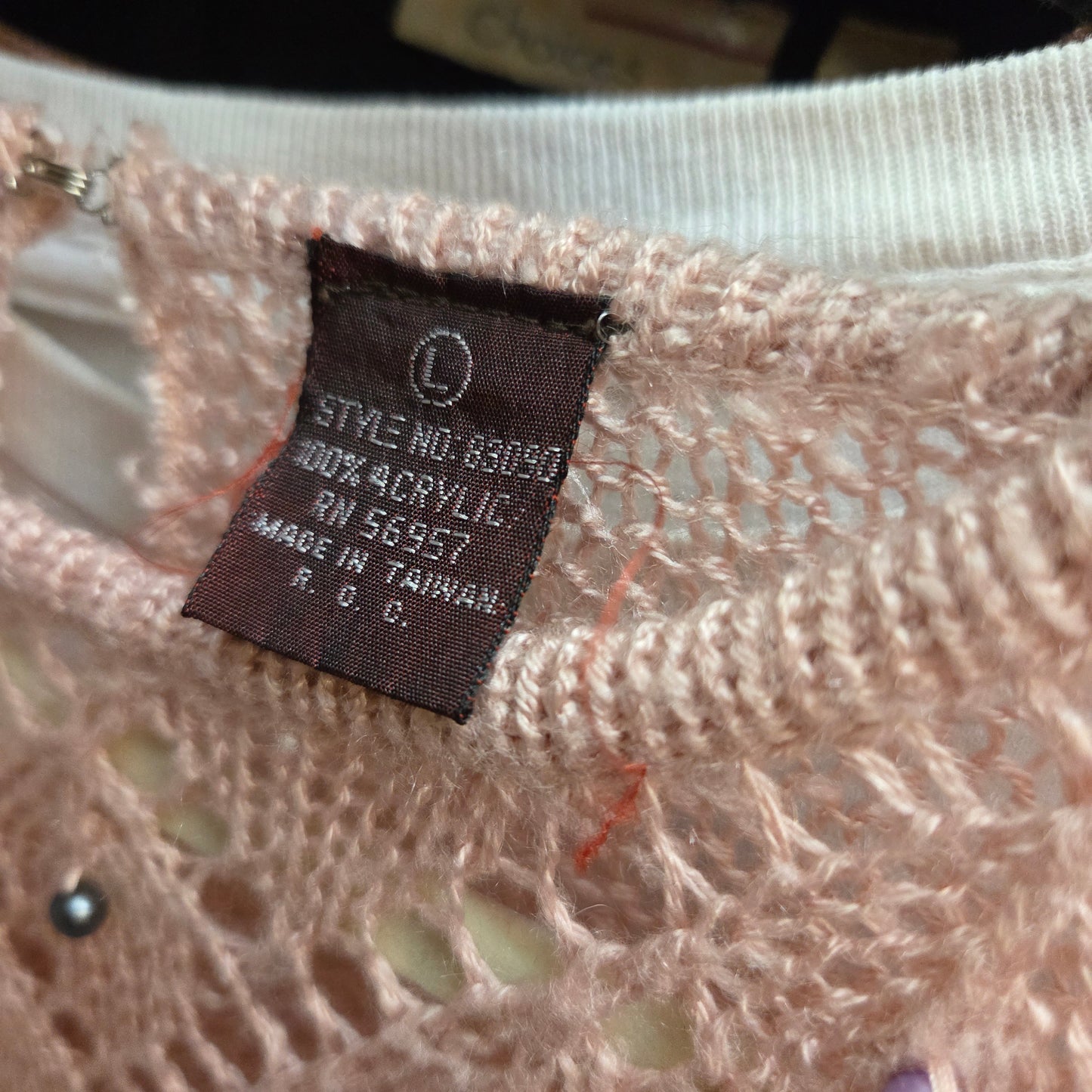 Pink Acrylic Long-sleeved Sweater See-Through Deep Neck Line with Colored Pearl Accents Size L