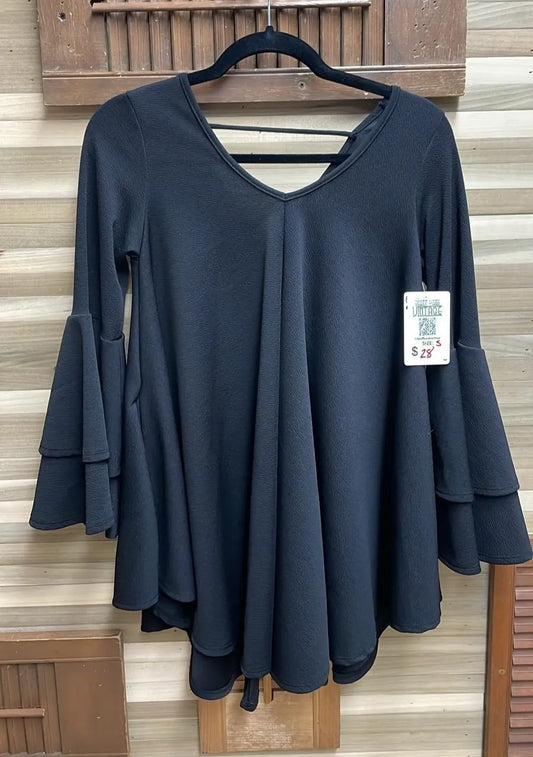 Black Top with Ruffle Flared Sleeves and Bottom Hem