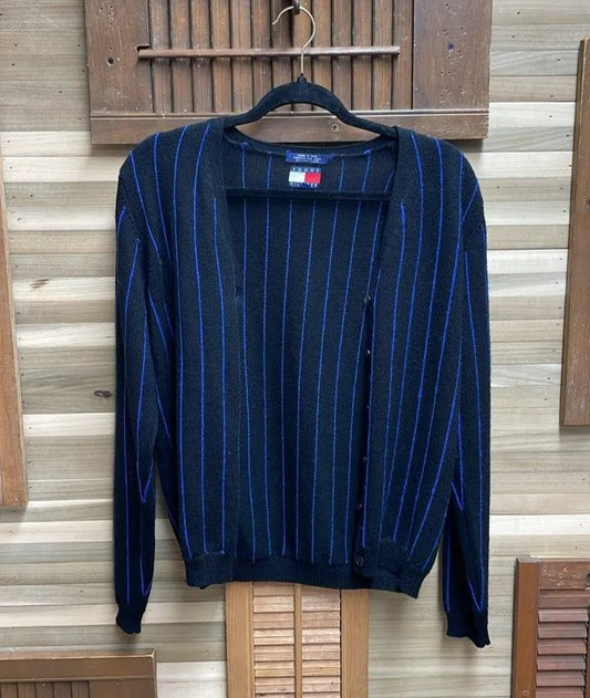 Y2K "Tommy Hilfiger" Wool Cardigan Black with Blue Vertical Stripes