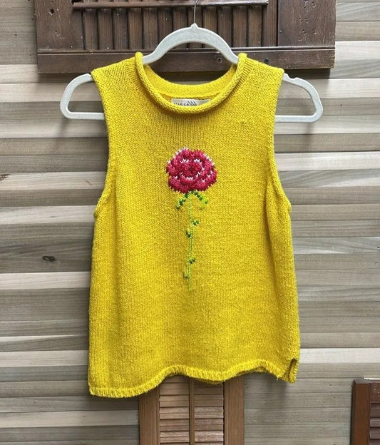 Marisa Christina Yellow Cotton Knit Top with Rose