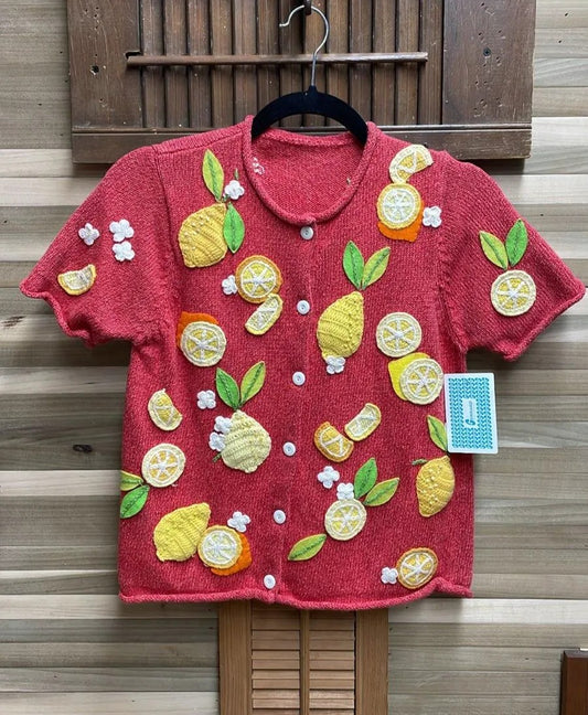 Y2K "Susan Bristol" Cotton Knit Lemon Fruit Shirt Sleeve 6 Button Top