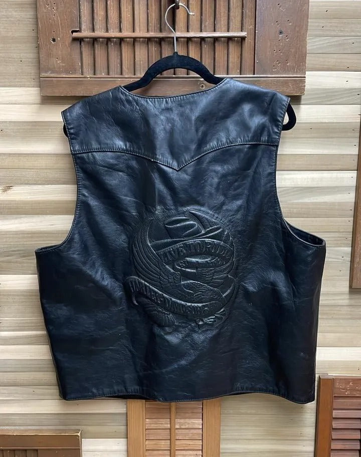 90's "Harley Davidson" Embossed Black Leather Vest Made In USA